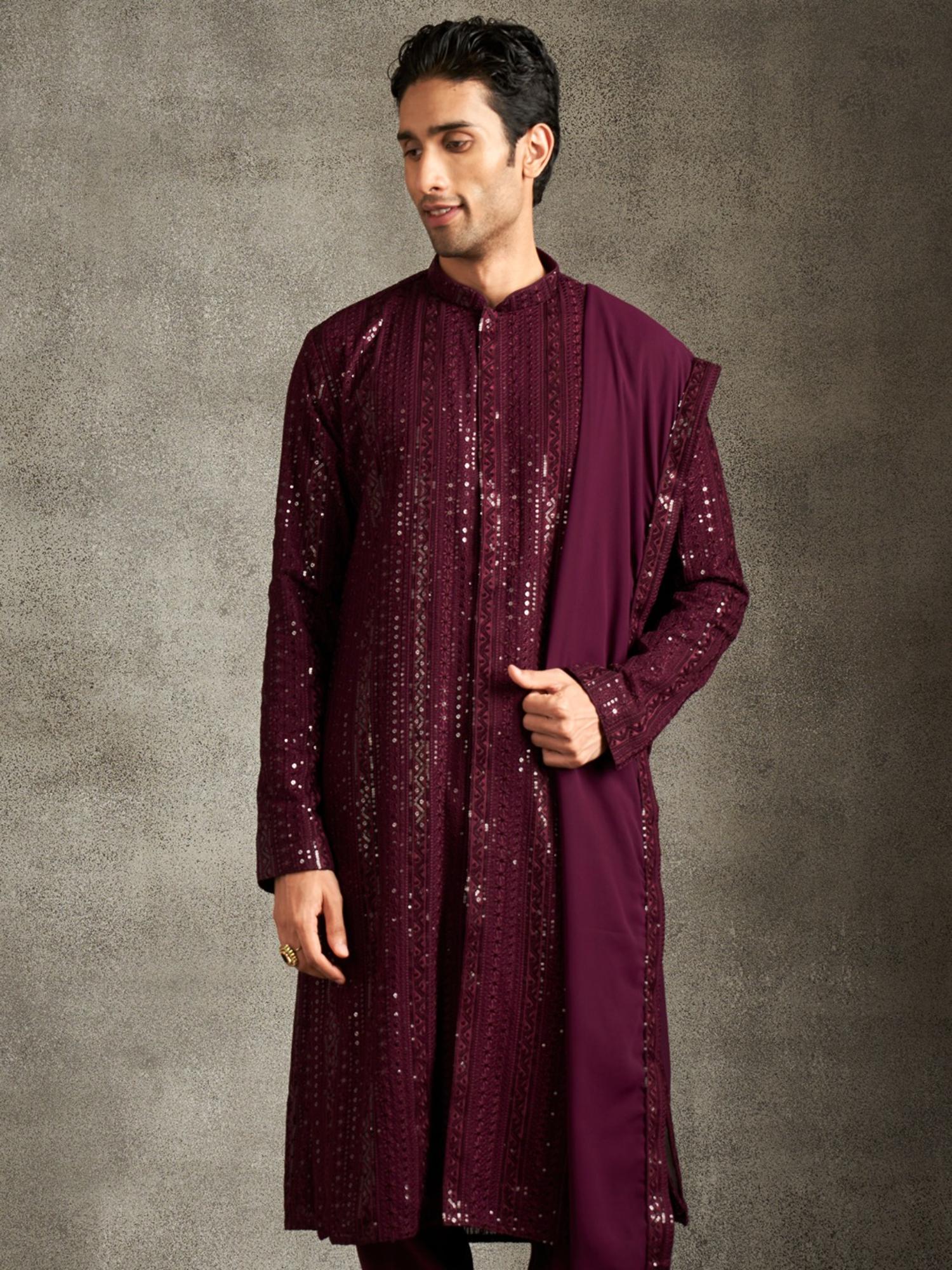 Elegant Wine Georgette Kurta and Pyjama with Dupatta