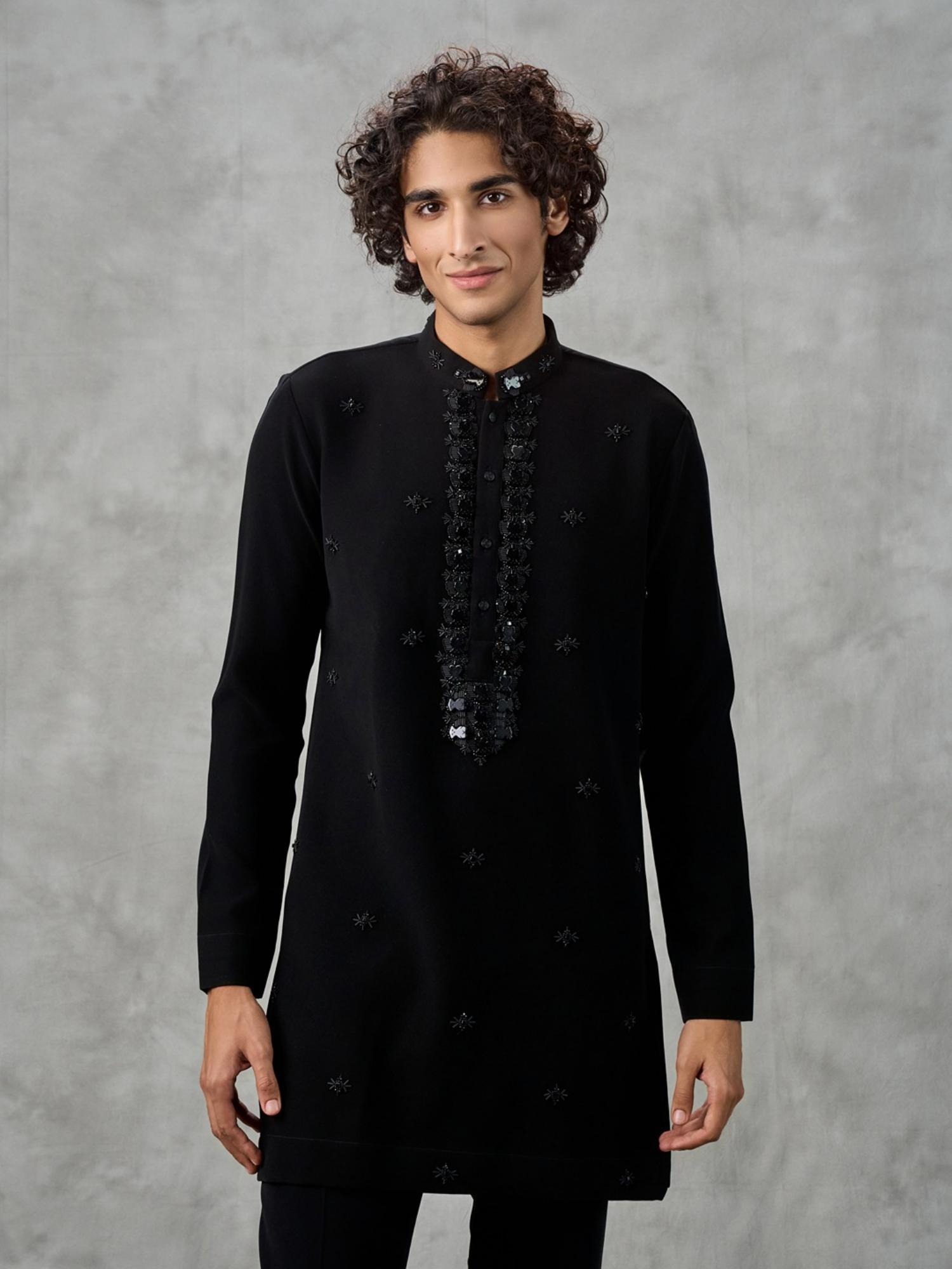 Black Knit Embellished Kurta with Pant