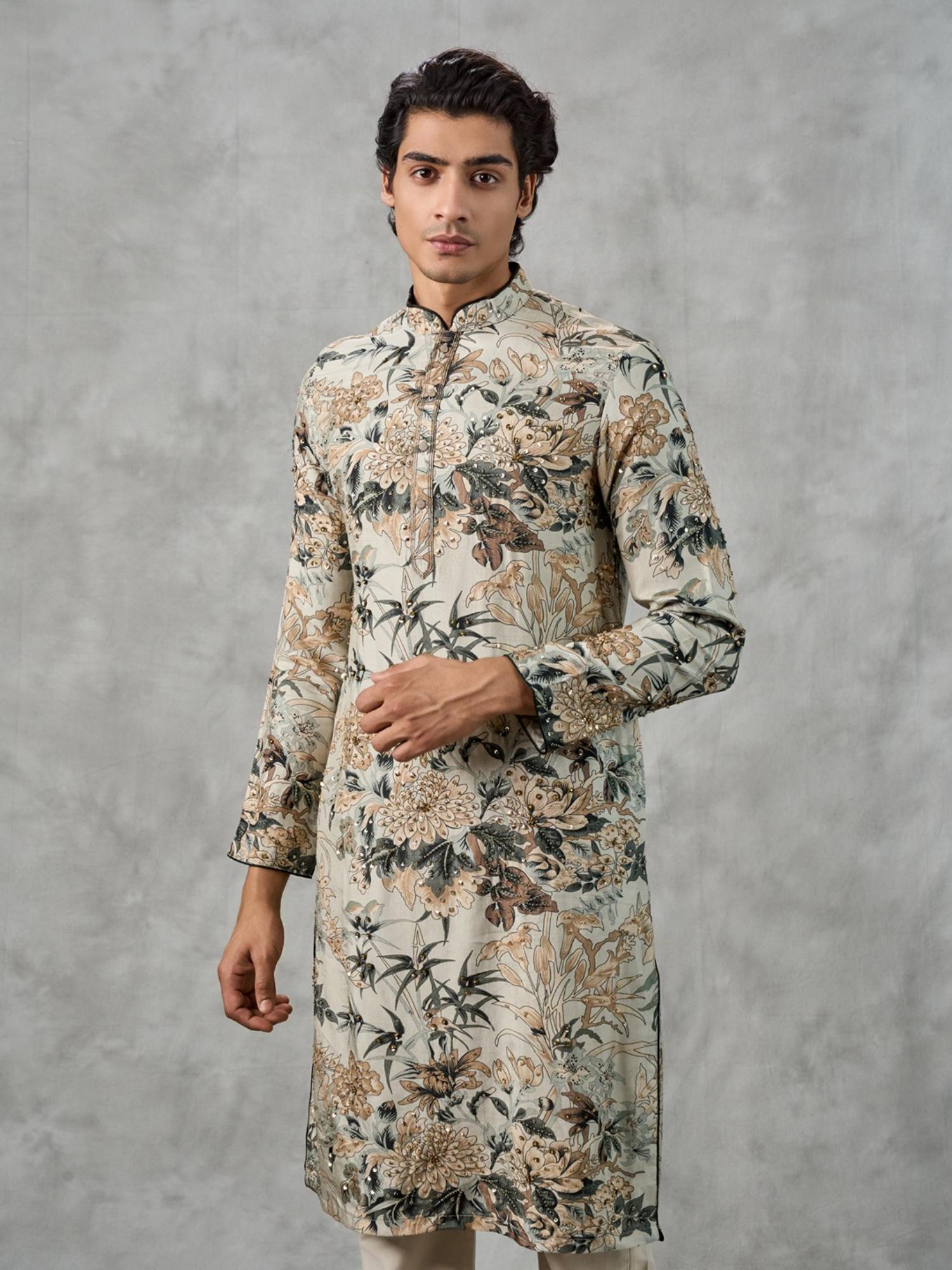 Beige Floral Embellished Kurta with Pant