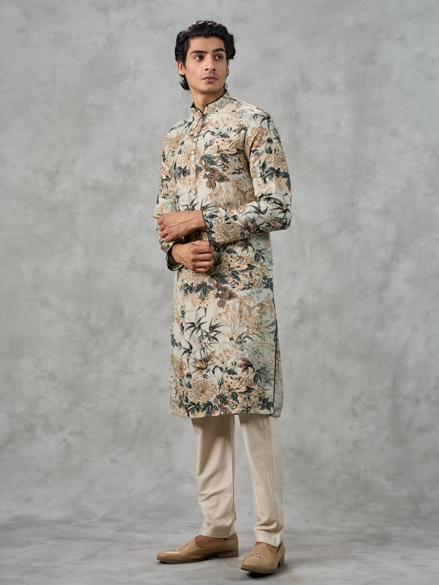 Beige Floral Embellished Kurta with Pant
