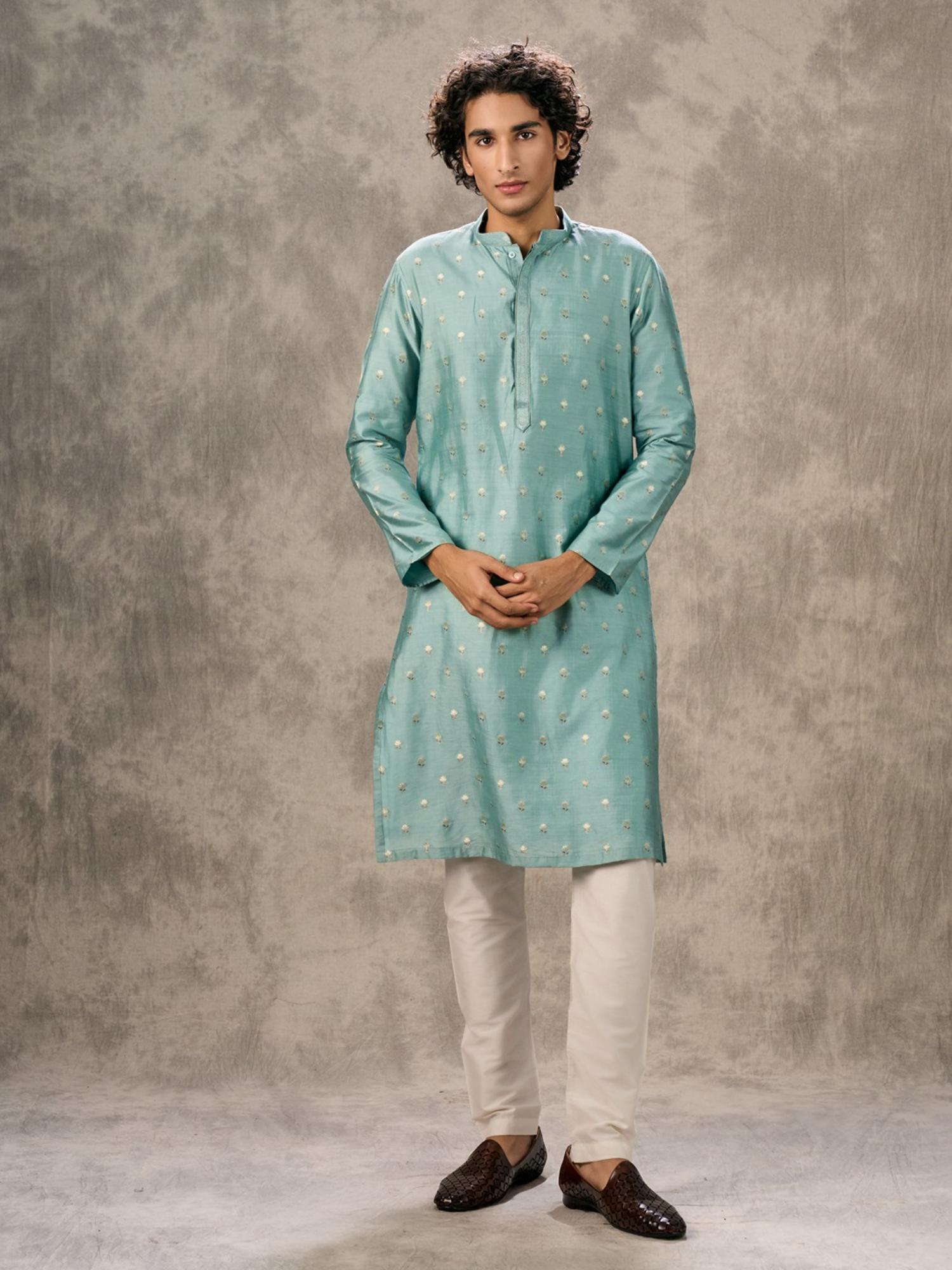 Aqua Green Woven Elegance Kurta with Pyjama