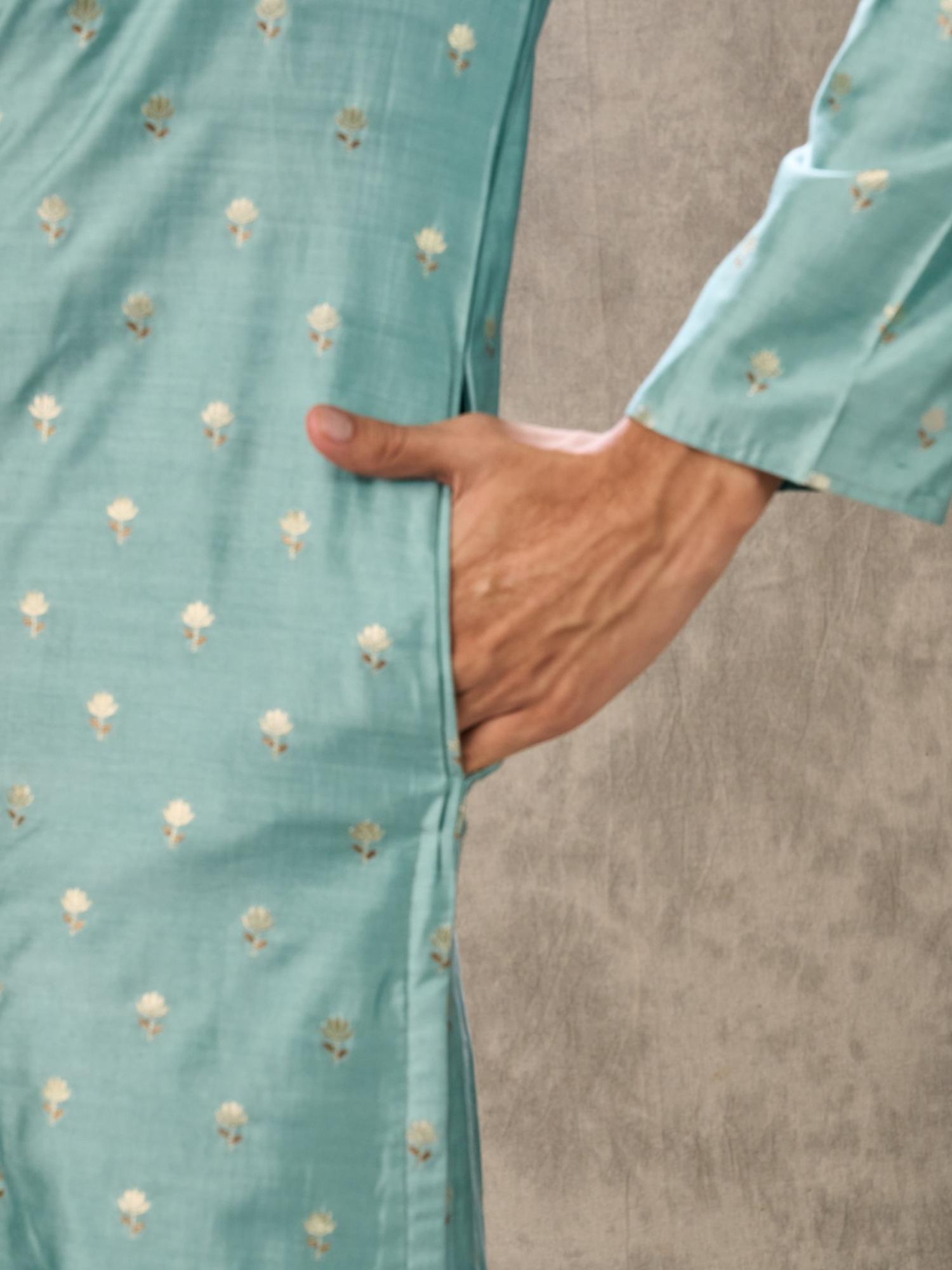 Aqua Green Woven Elegance Kurta with Pyjama