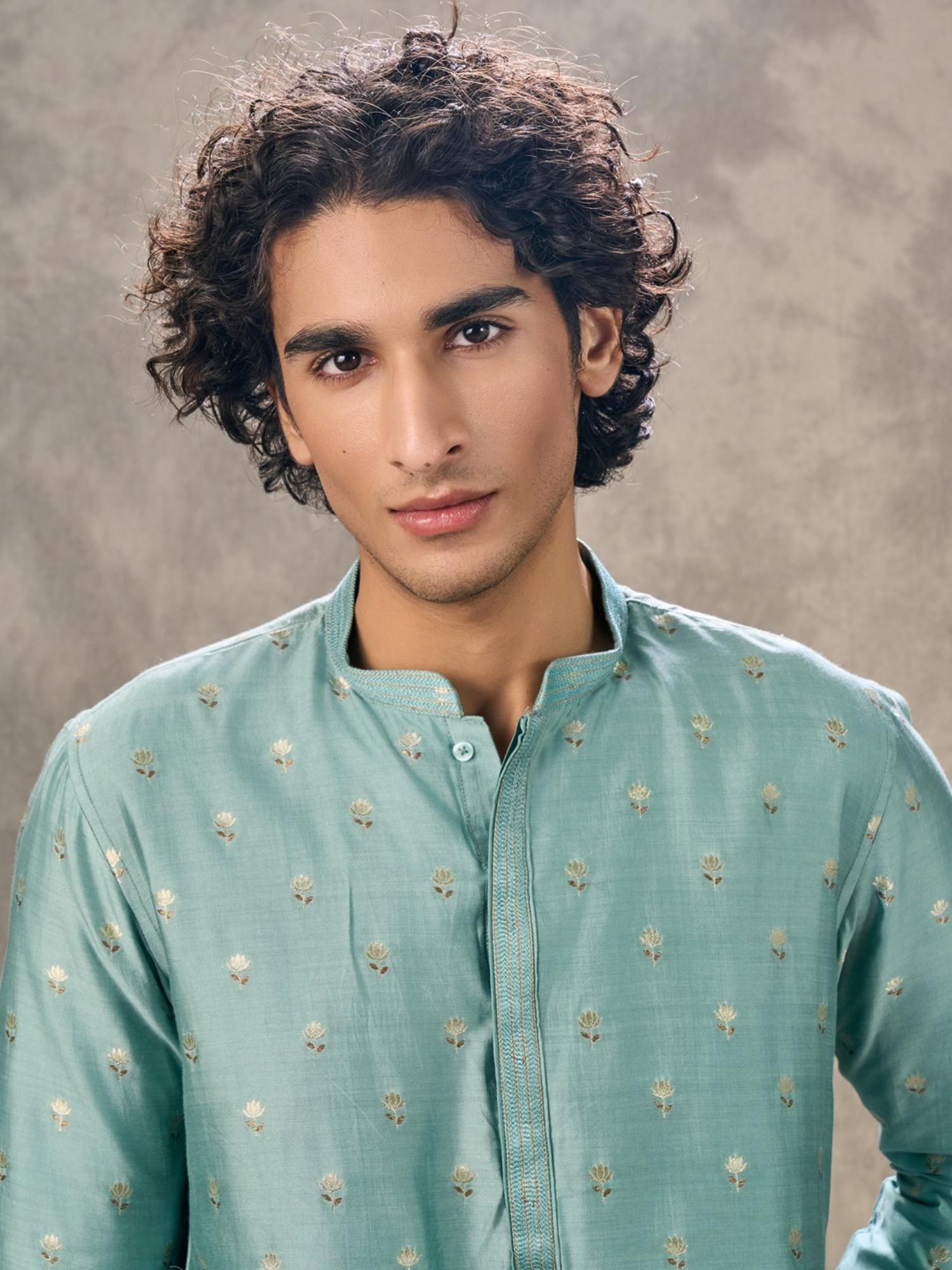 Aqua Green Woven Elegance Kurta with Pyjama