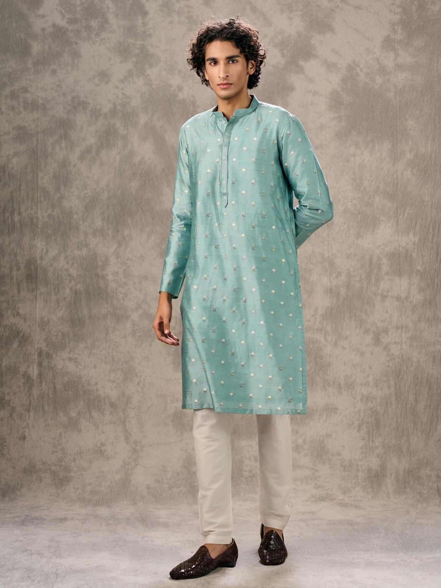 Aqua Green Woven Elegance Kurta with Pyjama