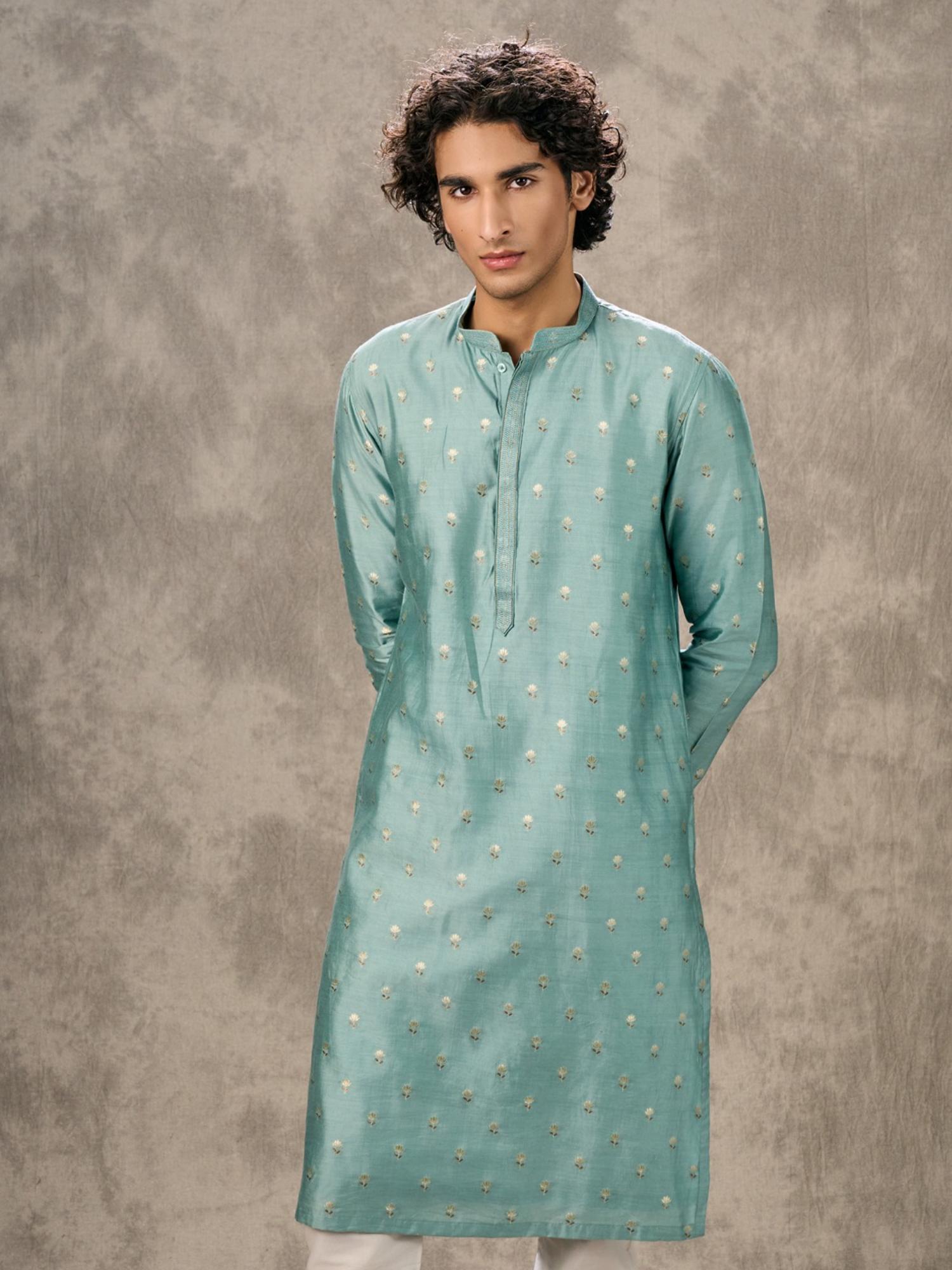 Aqua Green Woven Elegance Kurta with Pyjama