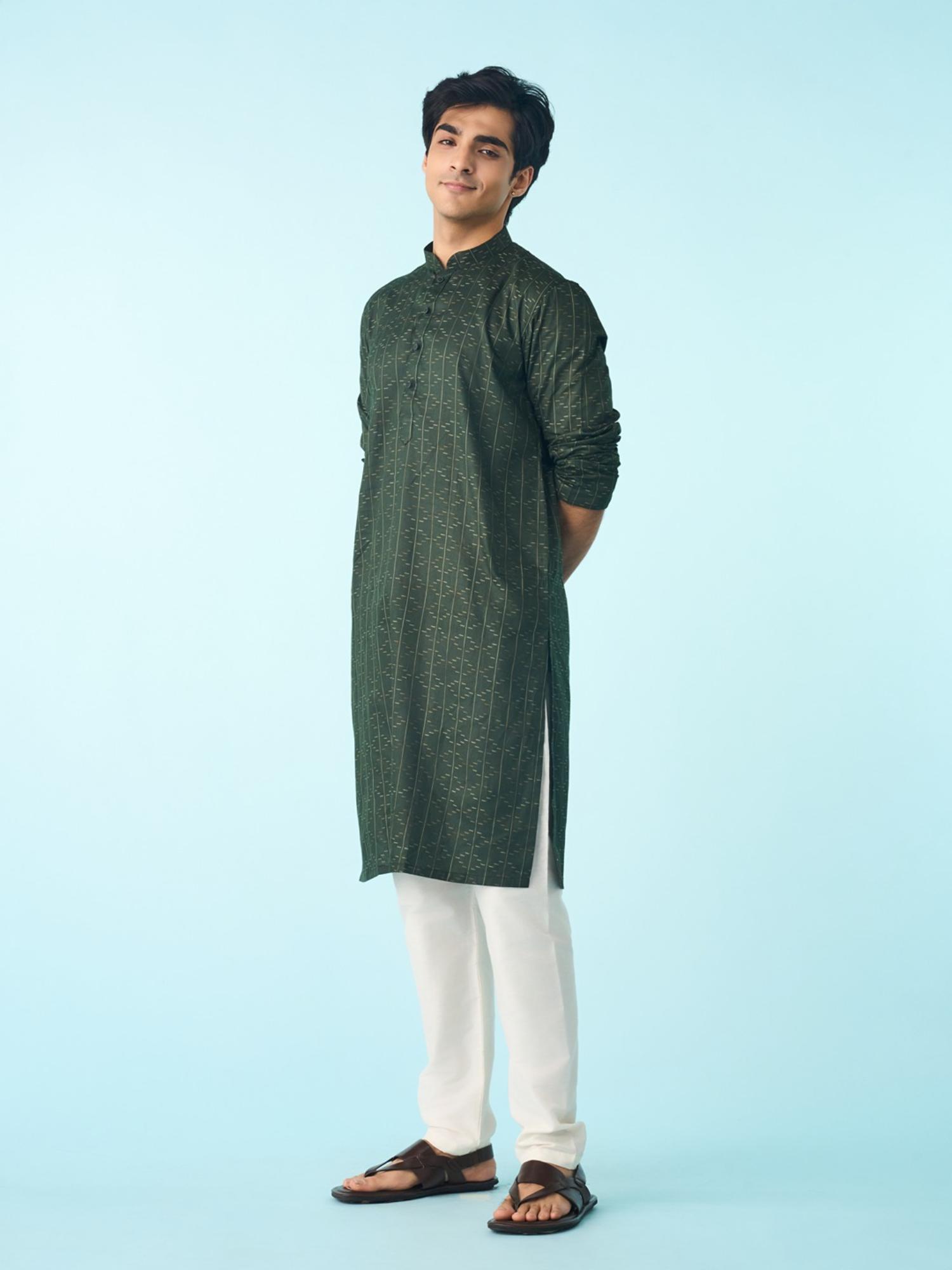 Dark Green Cotton Printed Kurta