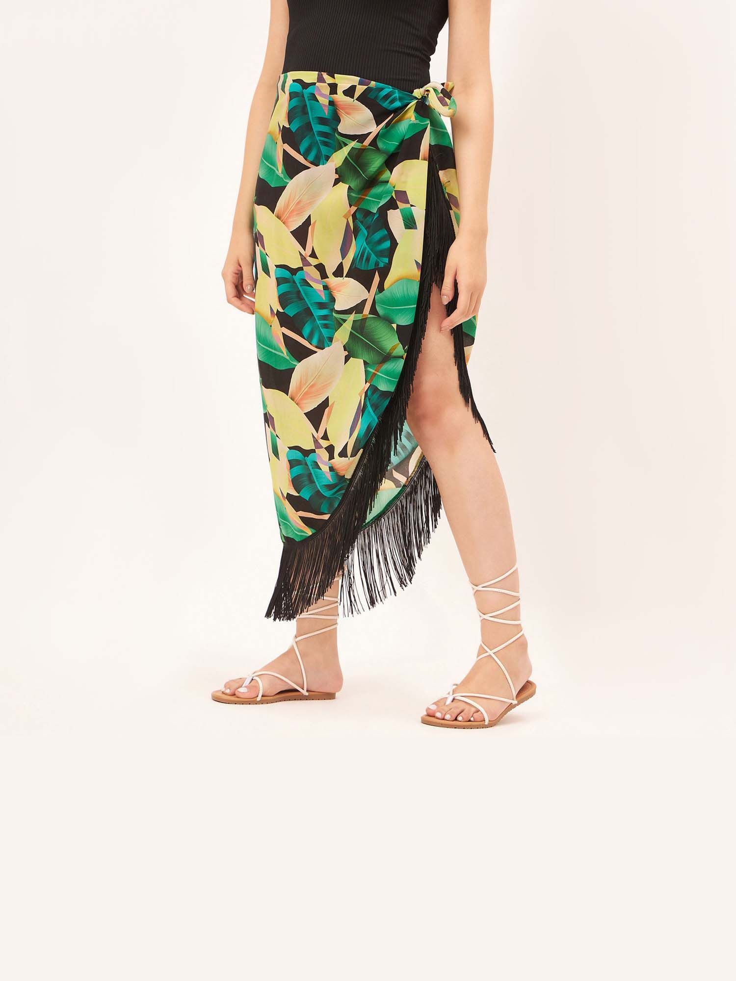 Women Green Floral Print Midi Skirt