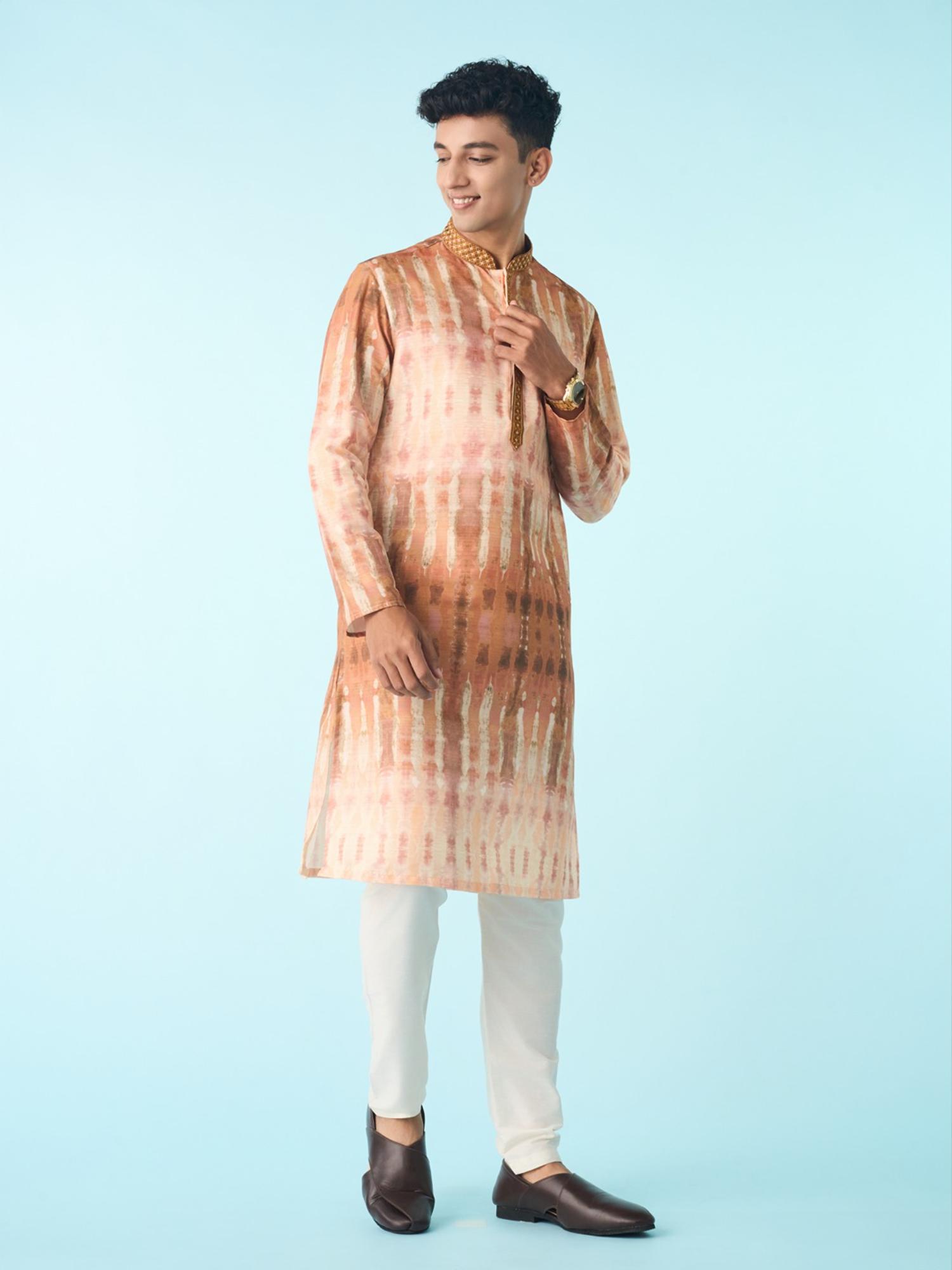 Peach Printed Art Silk Kurta