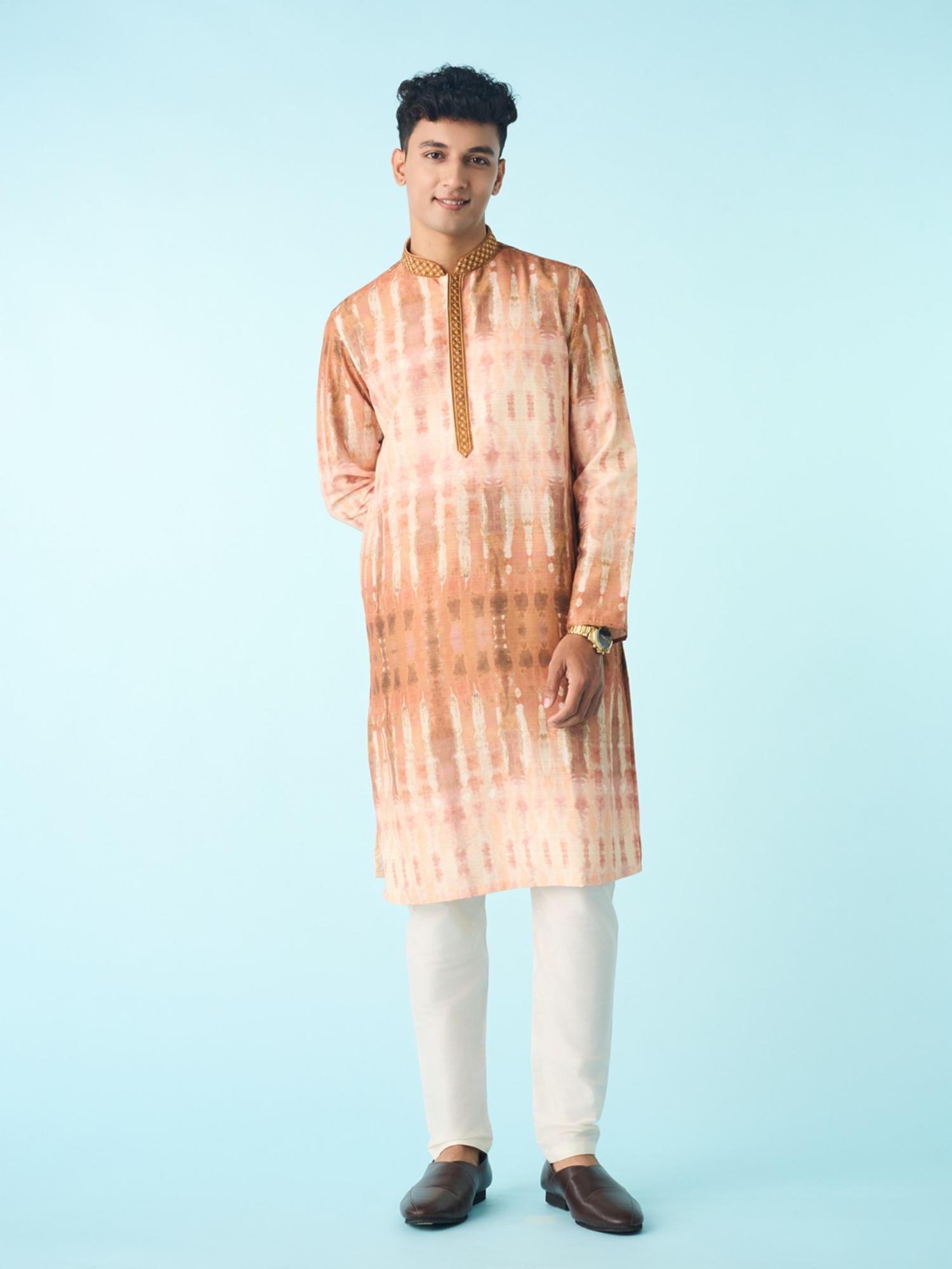 Peach Printed Art Silk Kurta