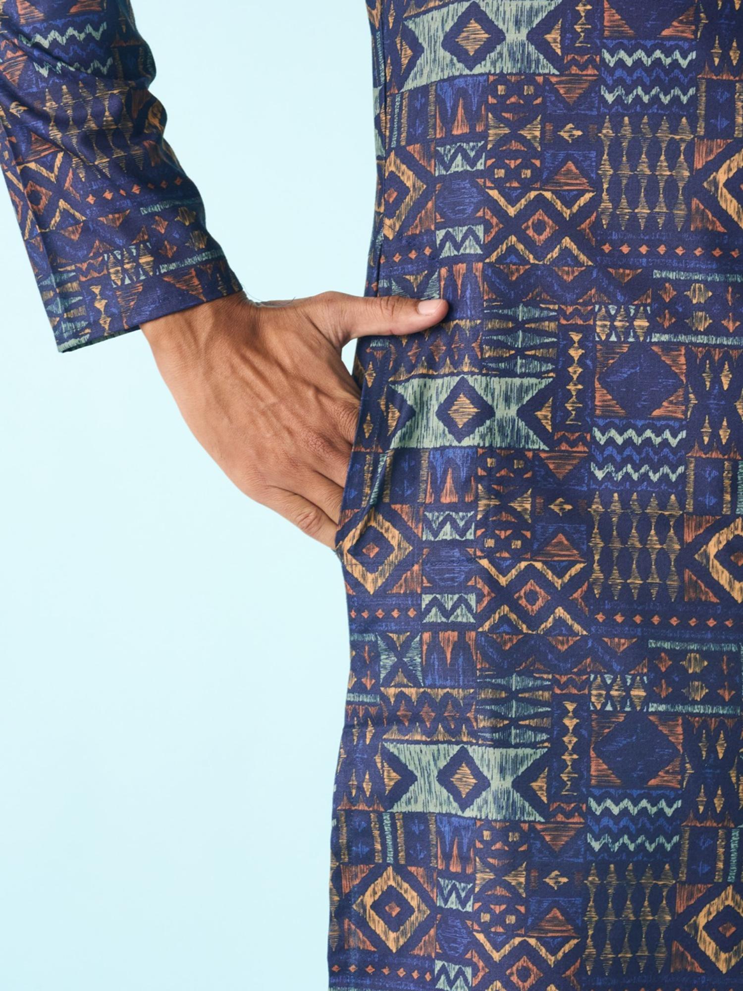 Navy Blue Printed Regal Kurta