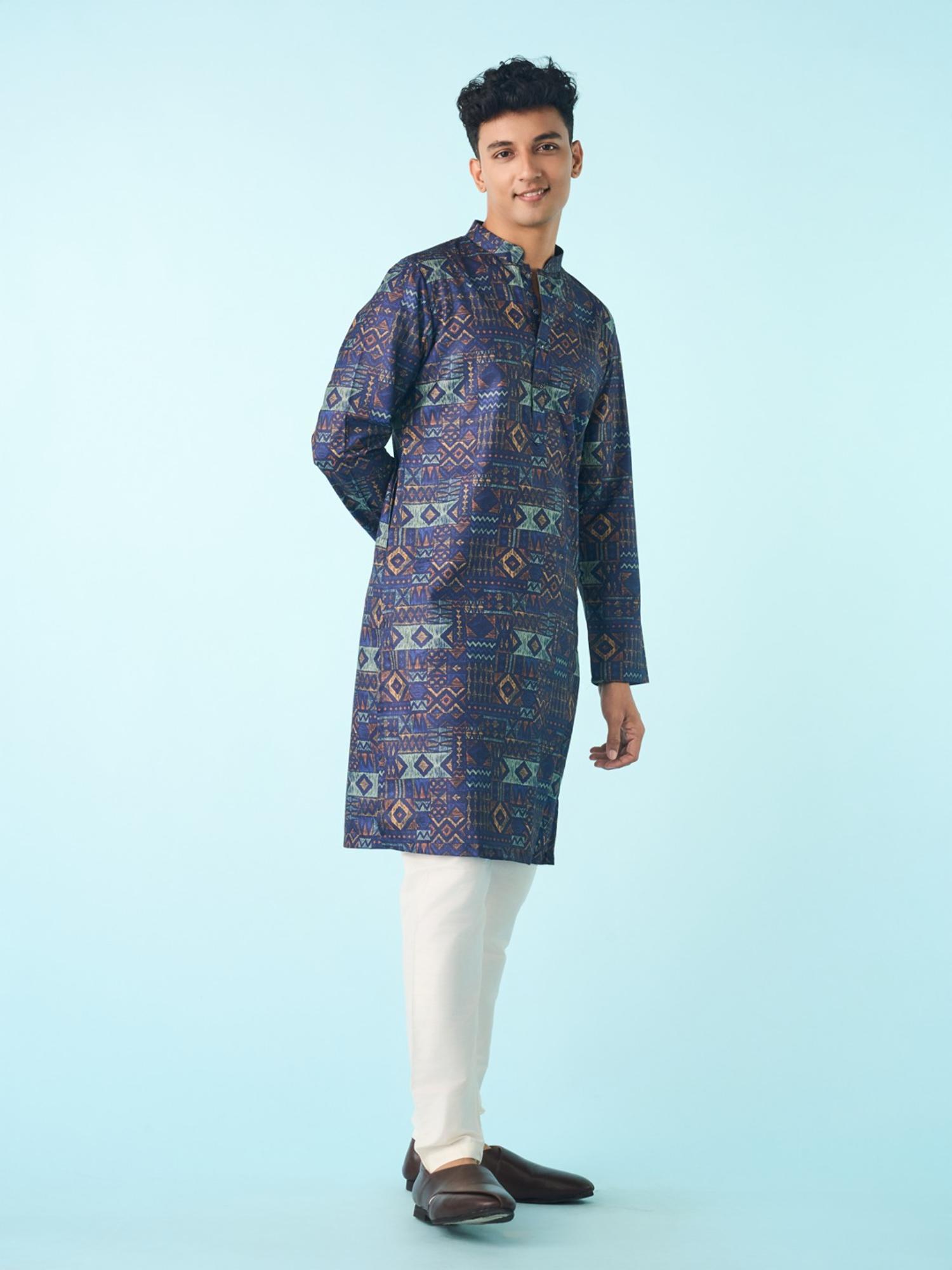 Navy Blue Printed Regal Kurta