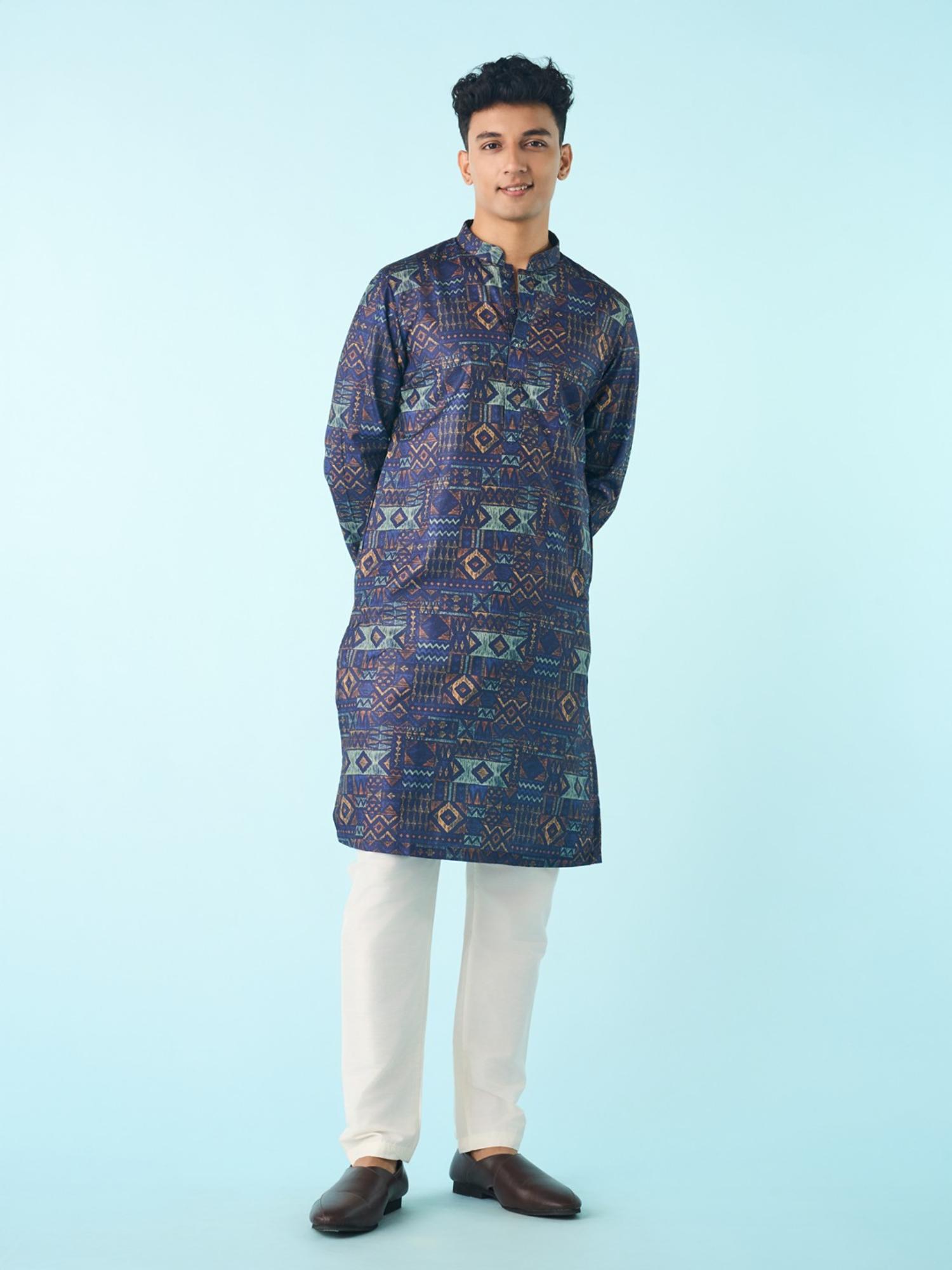 Navy Blue Printed Regal Kurta