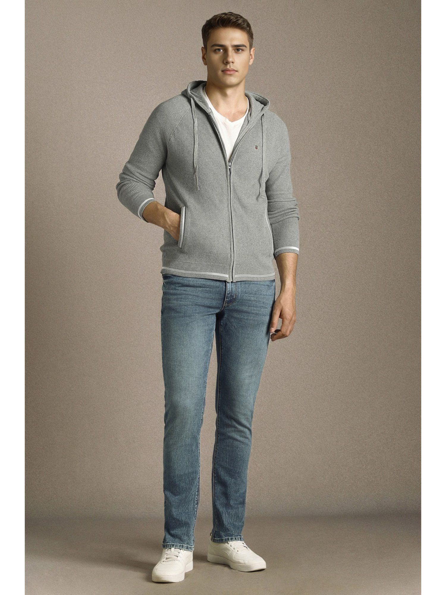 Grey Textured Hooded Neck Full Sleeves Sweater