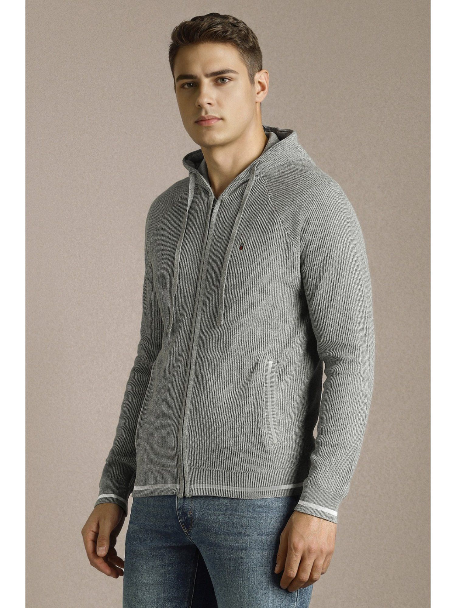 Grey Textured Hooded Neck Full Sleeves Sweater