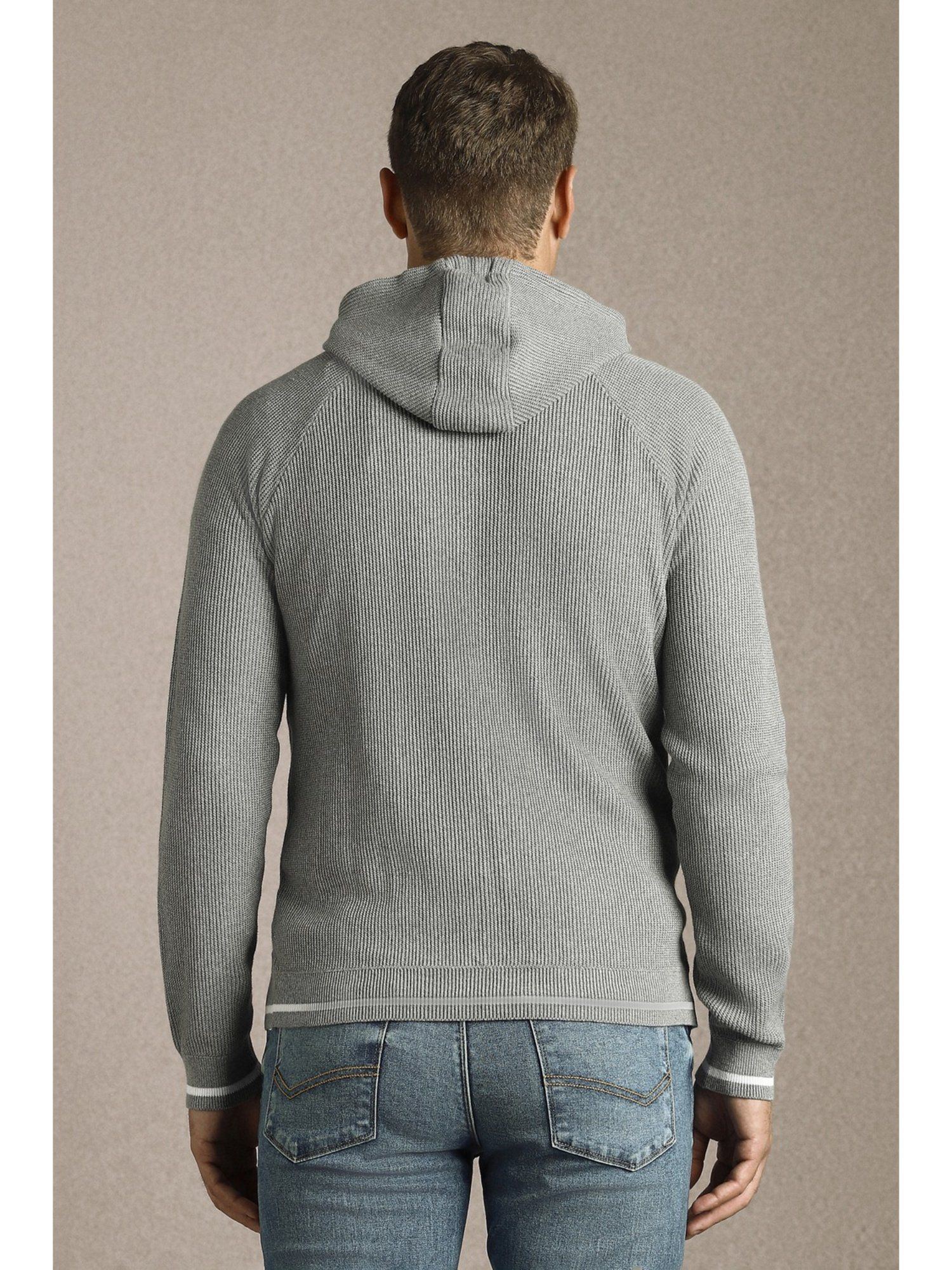 Grey Textured Hooded Neck Full Sleeves Sweater