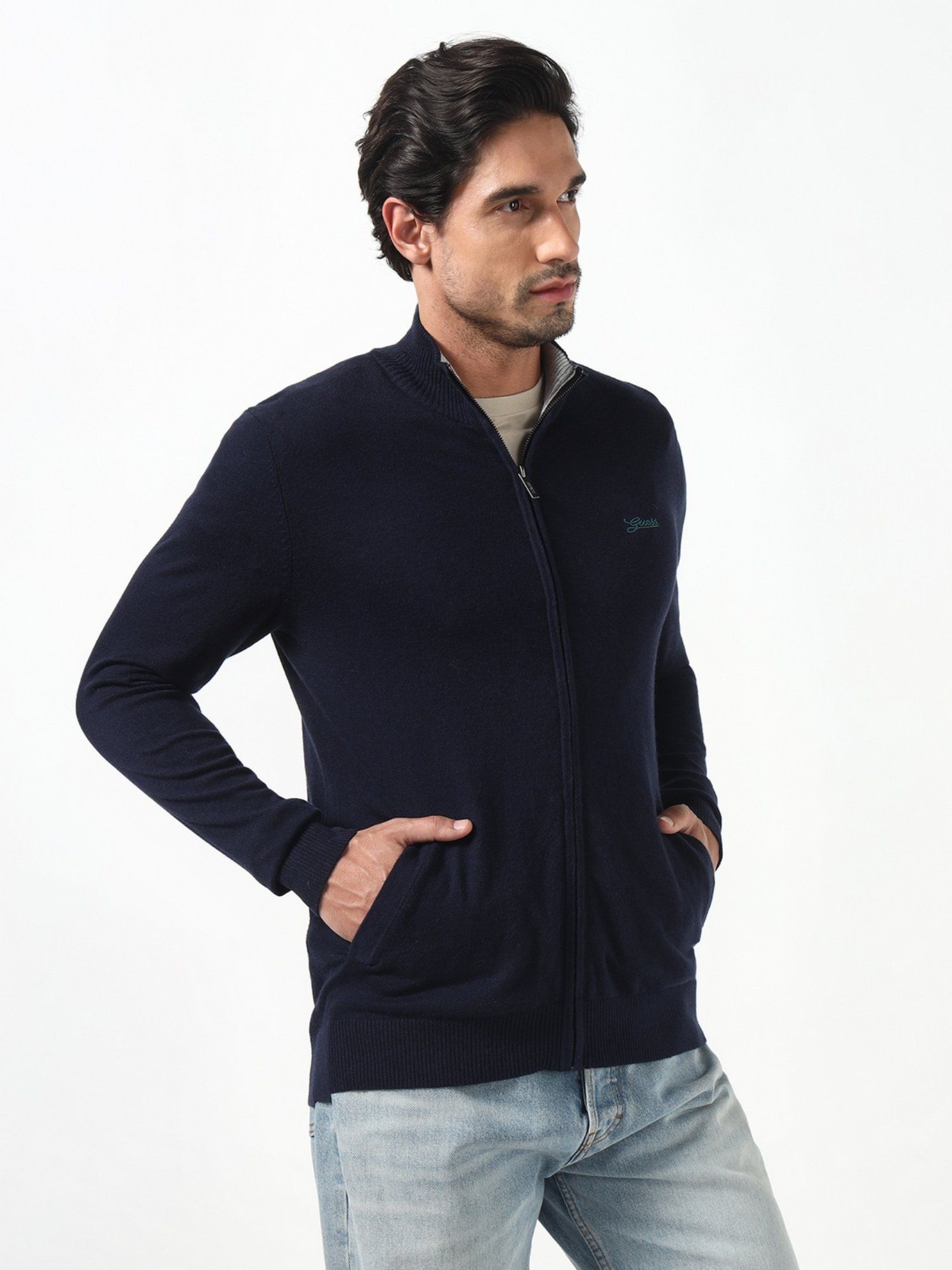 Brennan Smart Blue Solid High Neck Full Sleeves Knit Sweaters