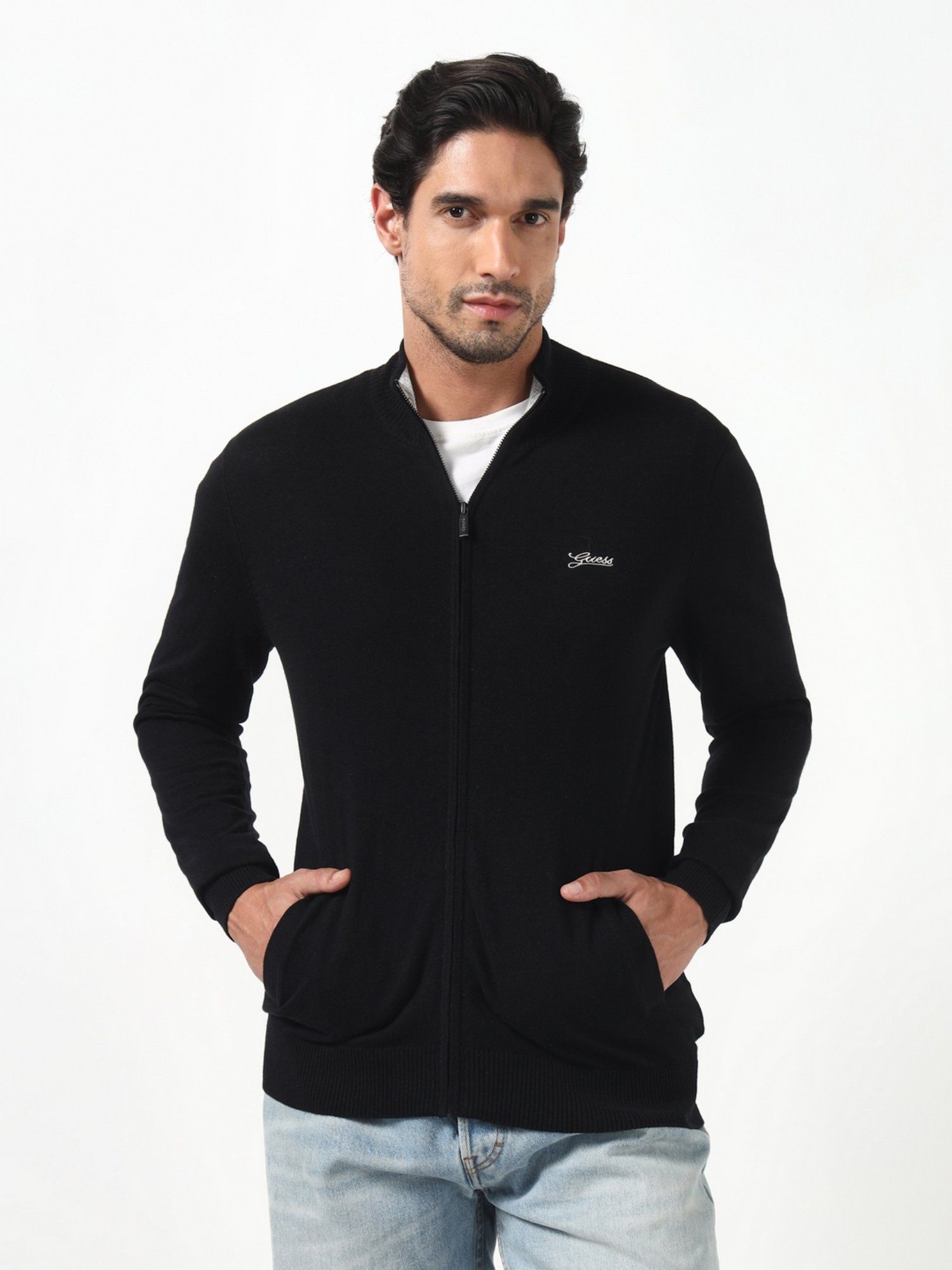 Brennan Jet Black Solid High Neck Full Sleeves Knit Sweaters