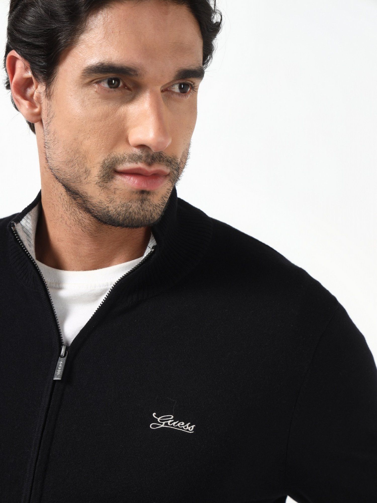 Brennan Jet Black Solid High Neck Full Sleeves Knit Sweaters