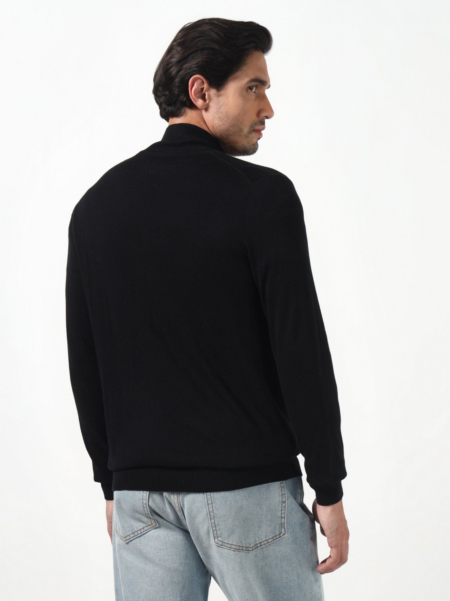 Brennan Jet Black Solid High Neck Full Sleeves Knit Sweaters