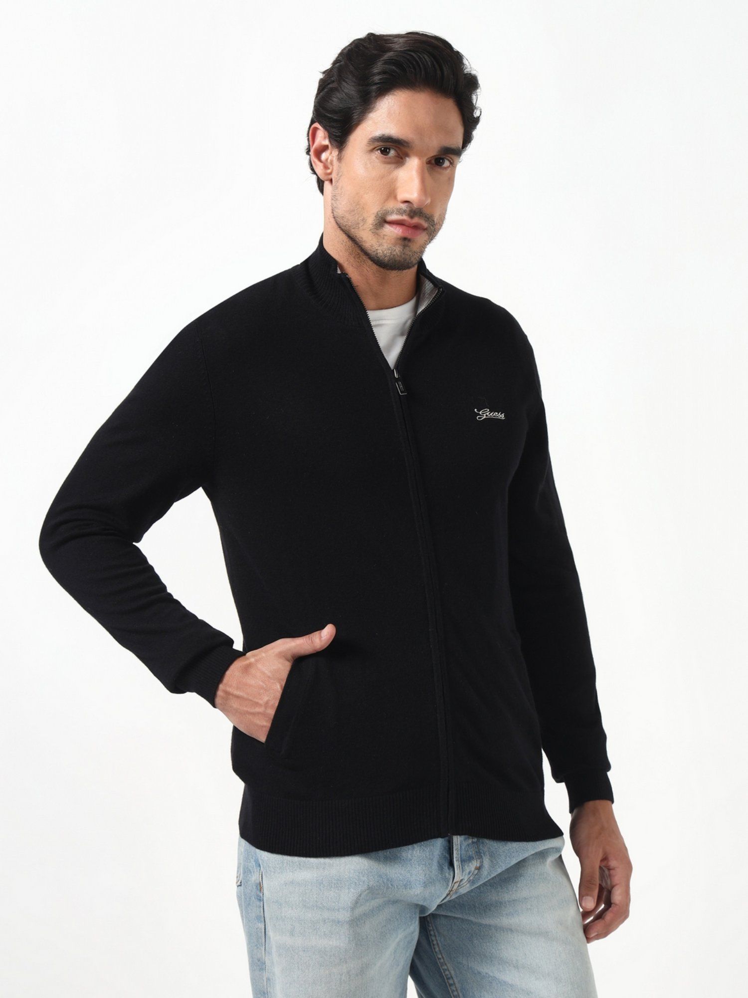 Brennan Jet Black Solid High Neck Full Sleeves Knit Sweaters