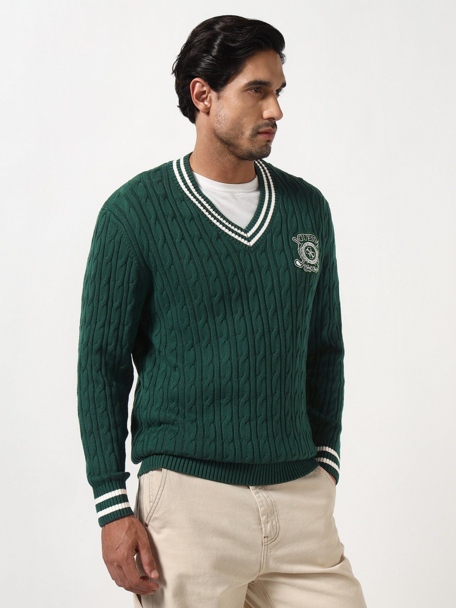 Yasmin Alpine Grove Cable V Neck Full Sleeves Knit Sweaters