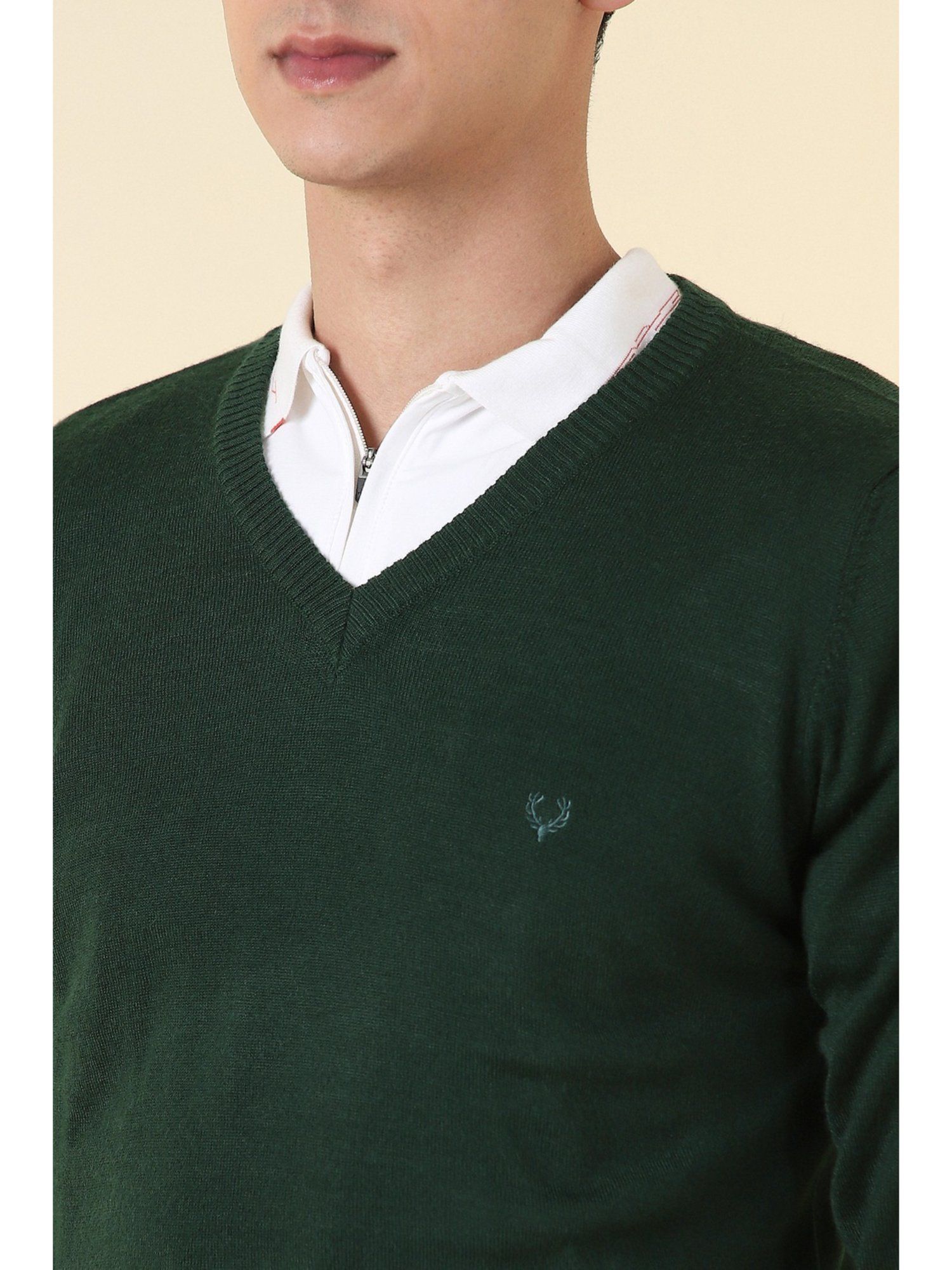 Green Solid V Neck Full Sleeves Sweater