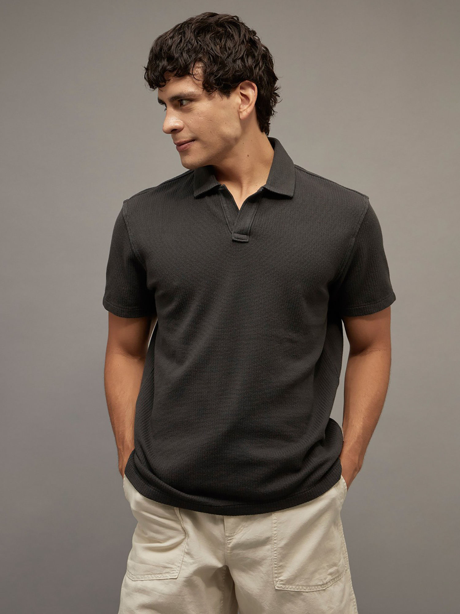 Grey Standard Fit Johnny Collar Knit Polo T-Shirt