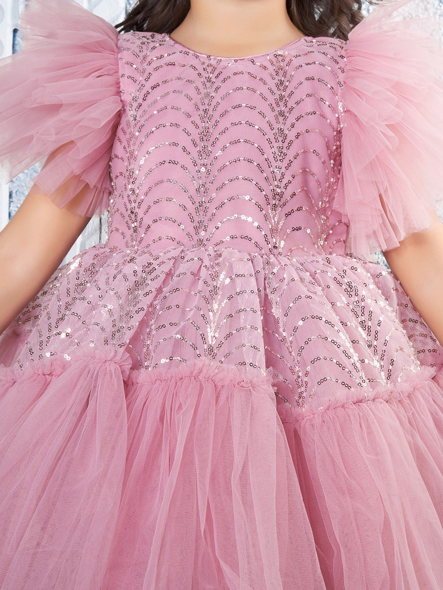 Onionpink Net Woven Butterfly Sleeves Embellished Dress
