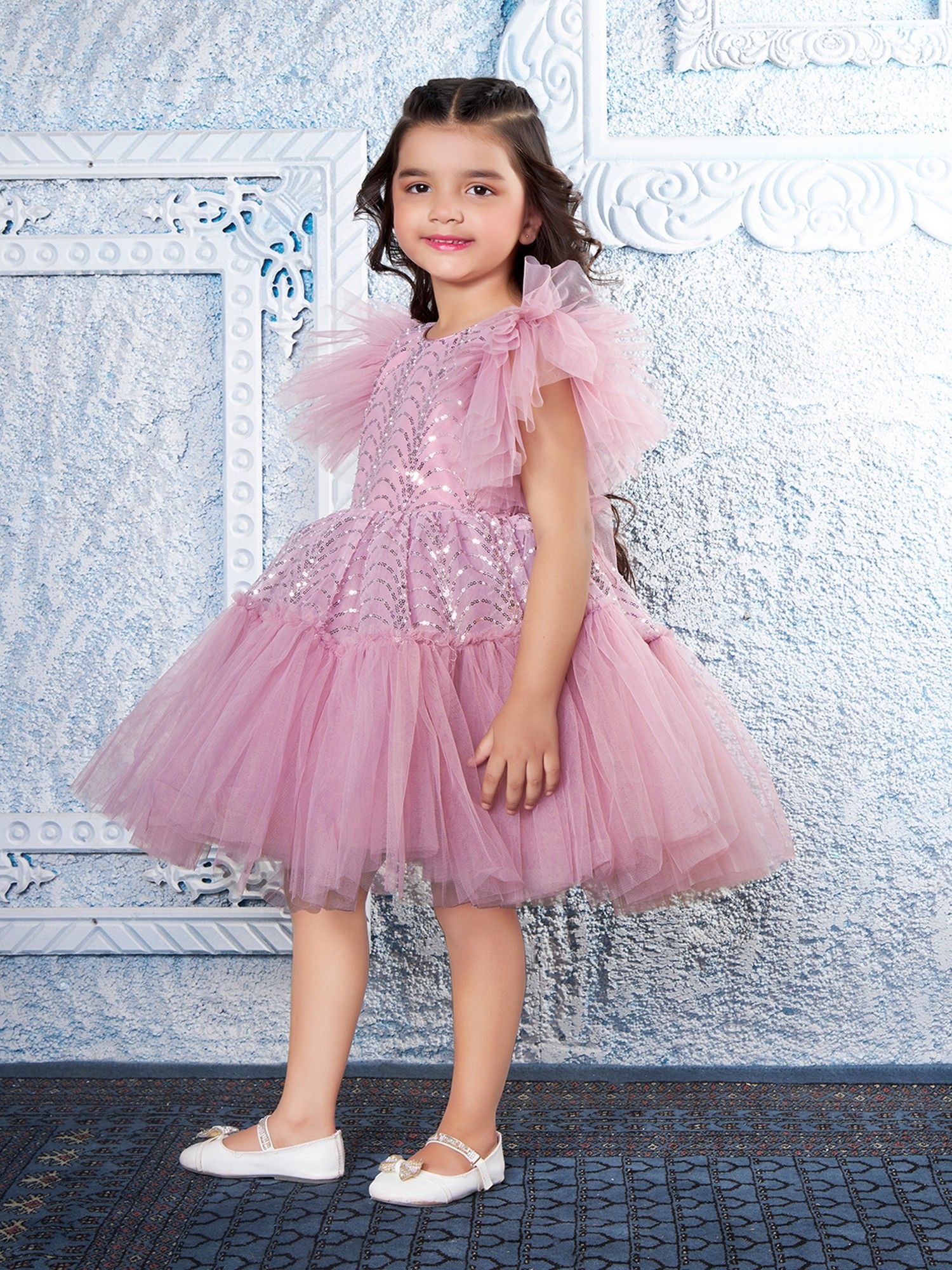 Onionpink Net Woven Butterfly Sleeves Embellished Dress