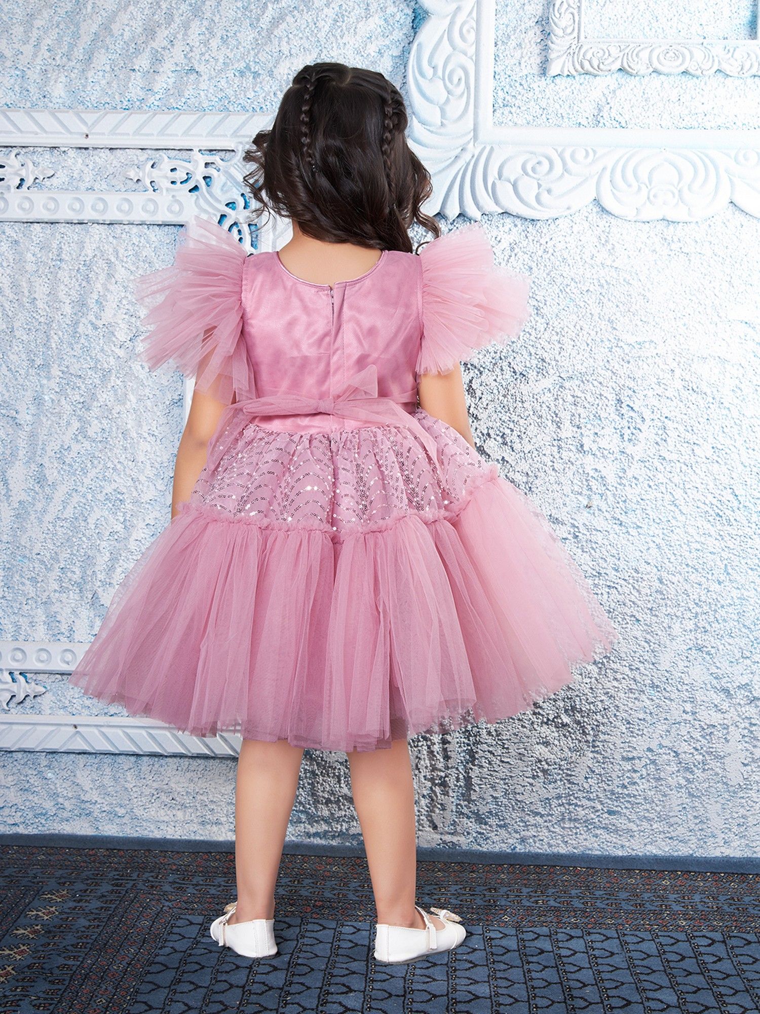 Onionpink Net Woven Butterfly Sleeves Embellished Dress