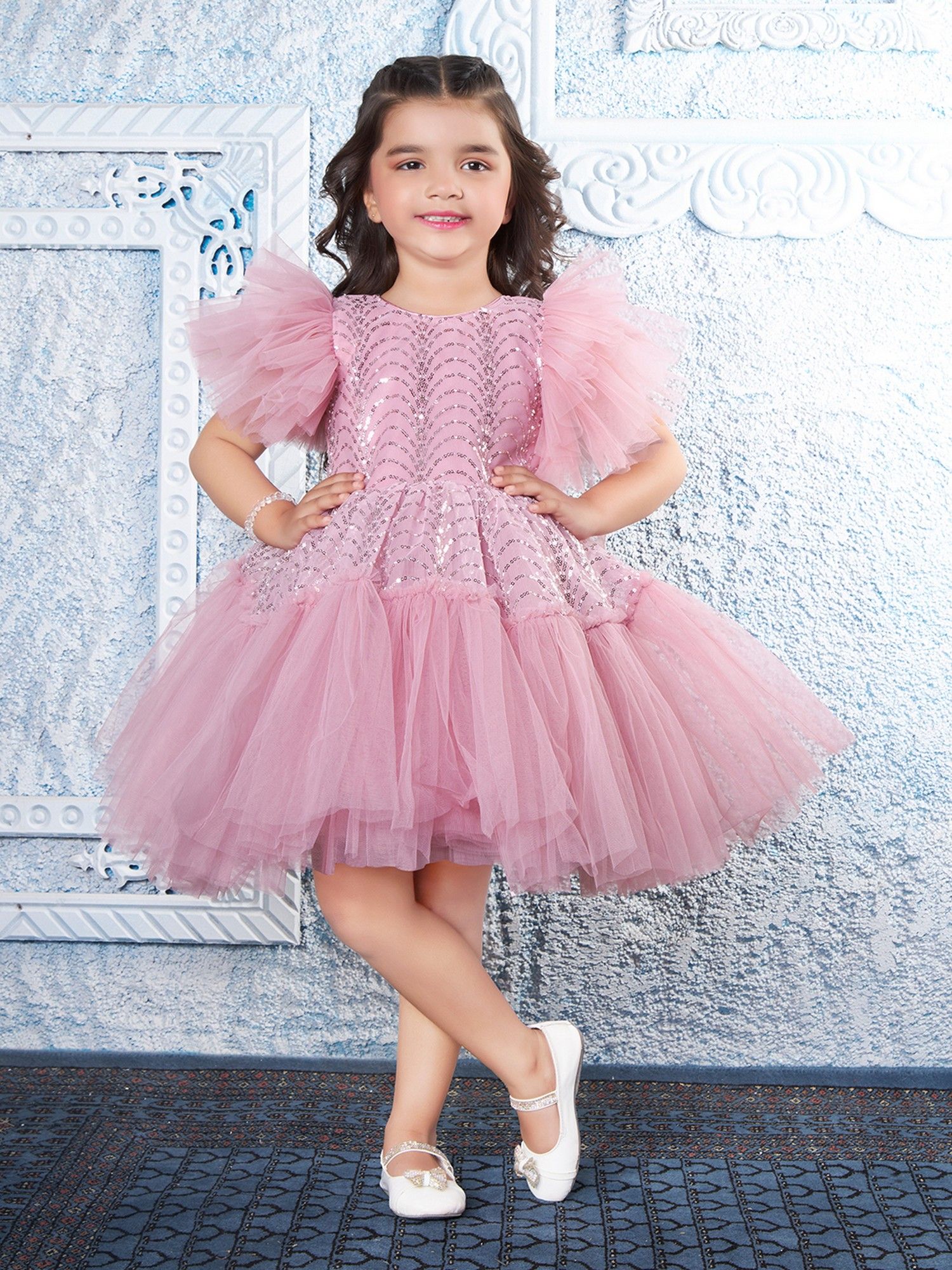 Onionpink Net Woven Butterfly Sleeves Embellished Dress