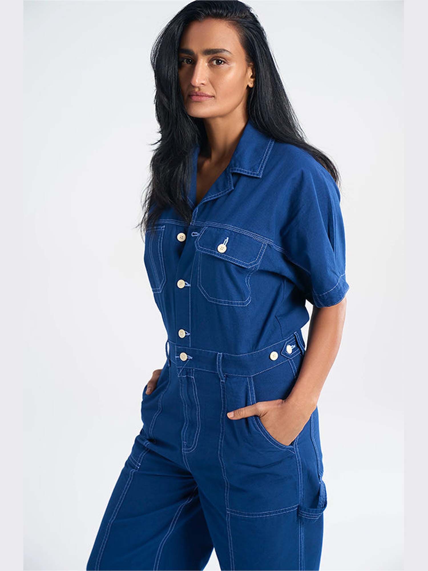 Gili Blue Khadi Solid Jumpsuit