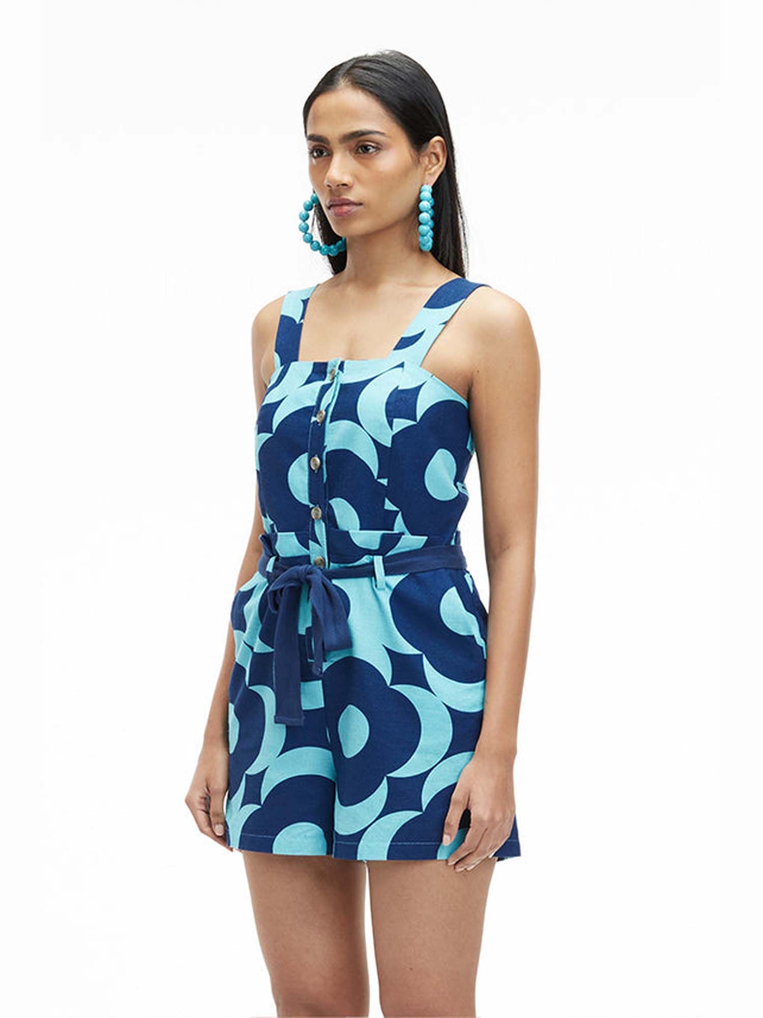 Noa Blue Khadi Printed Playsuit
