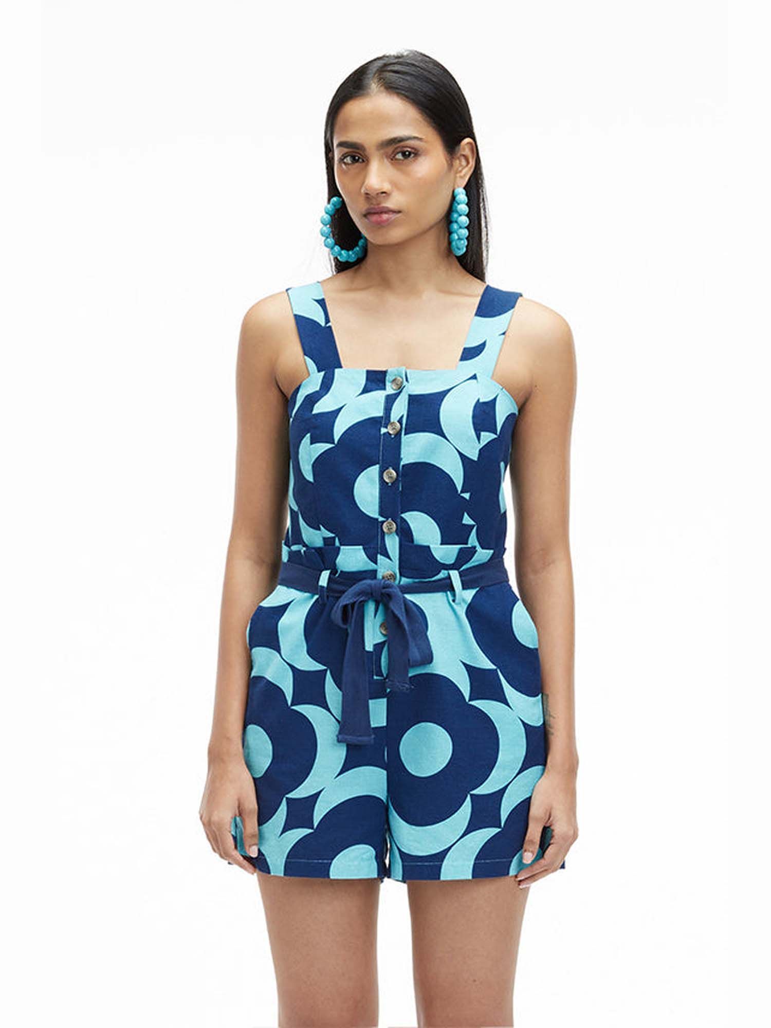 Noa Blue Khadi Printed Playsuit