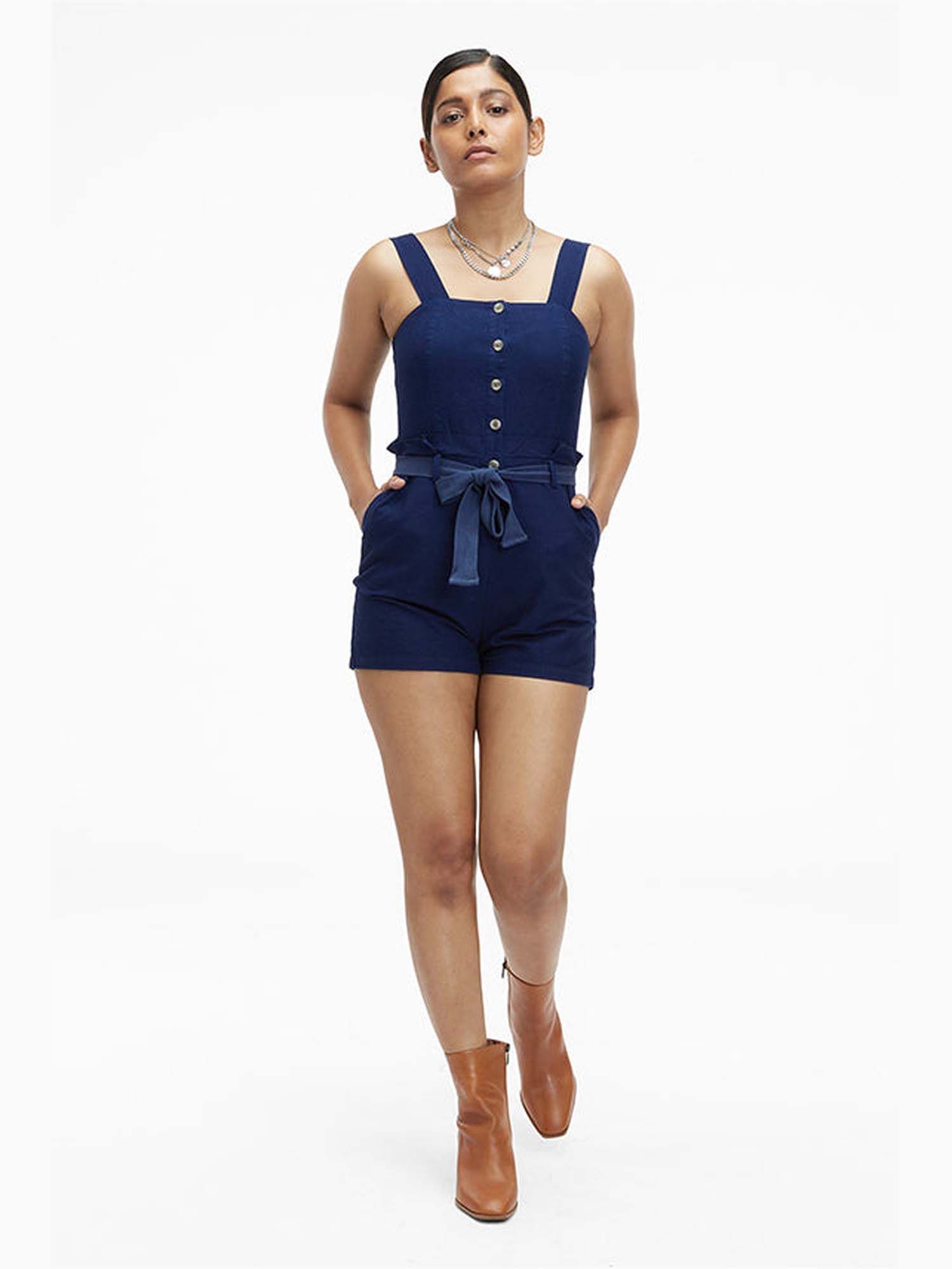Noa Blue Khadi Solid Playsuit