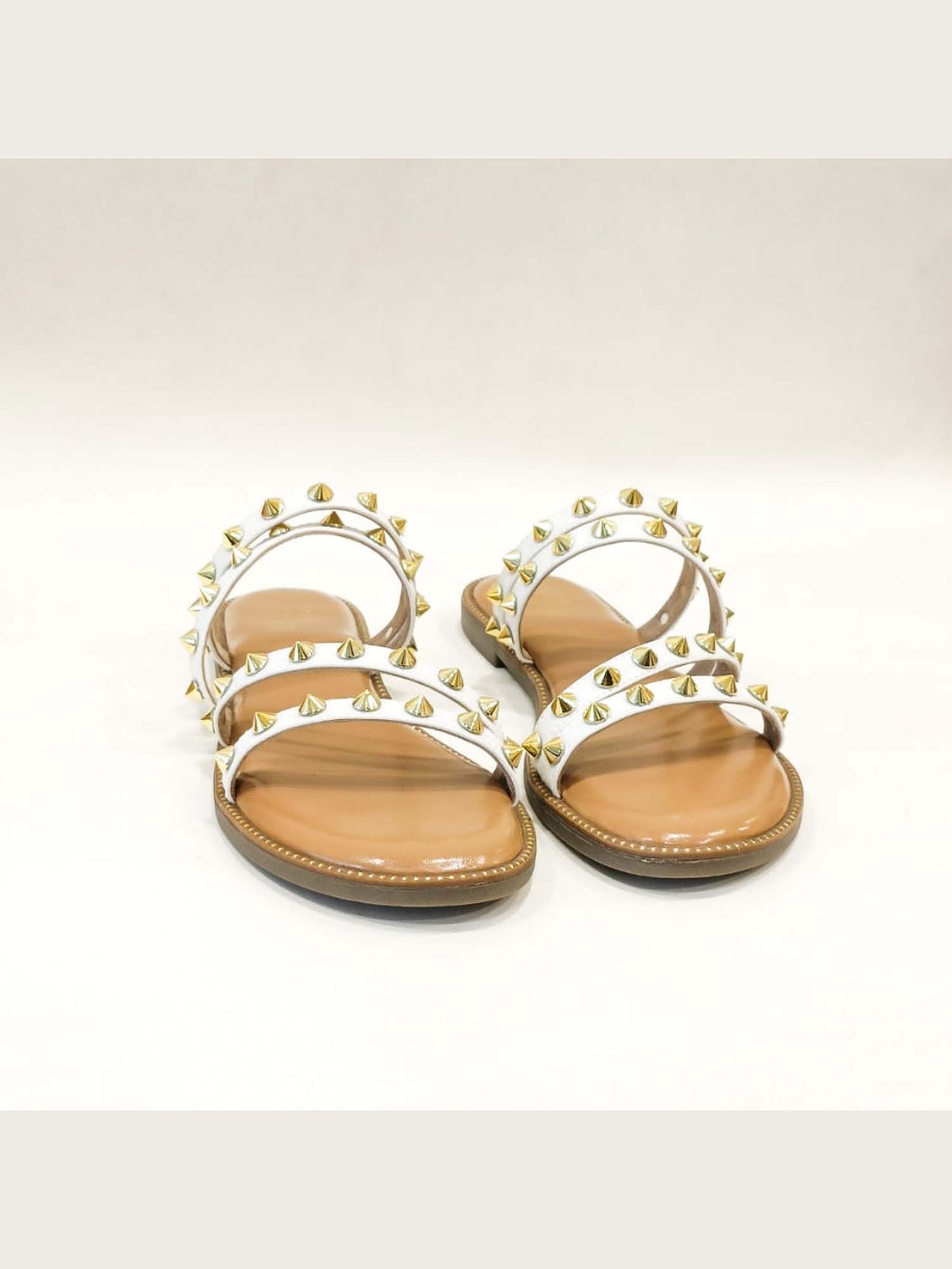 Studded Strappy White Open Toe Flats