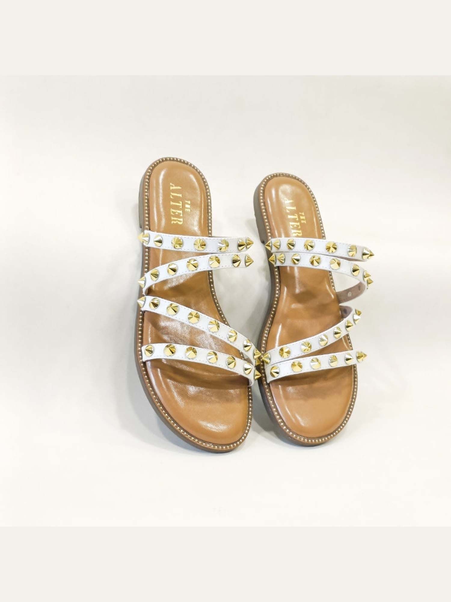 Studded Strappy White Open Toe Flats