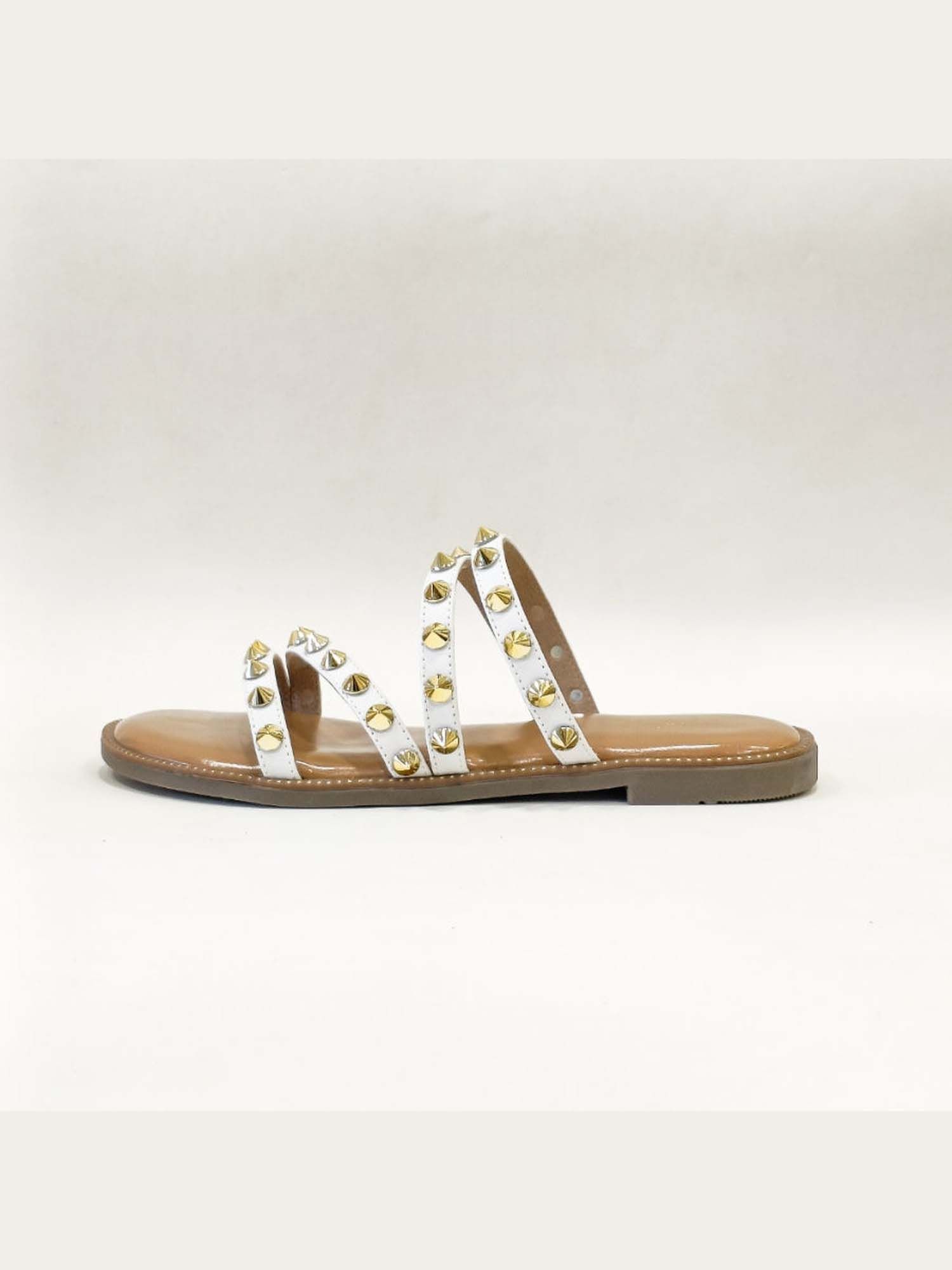 Studded Strappy White Open Toe Flats