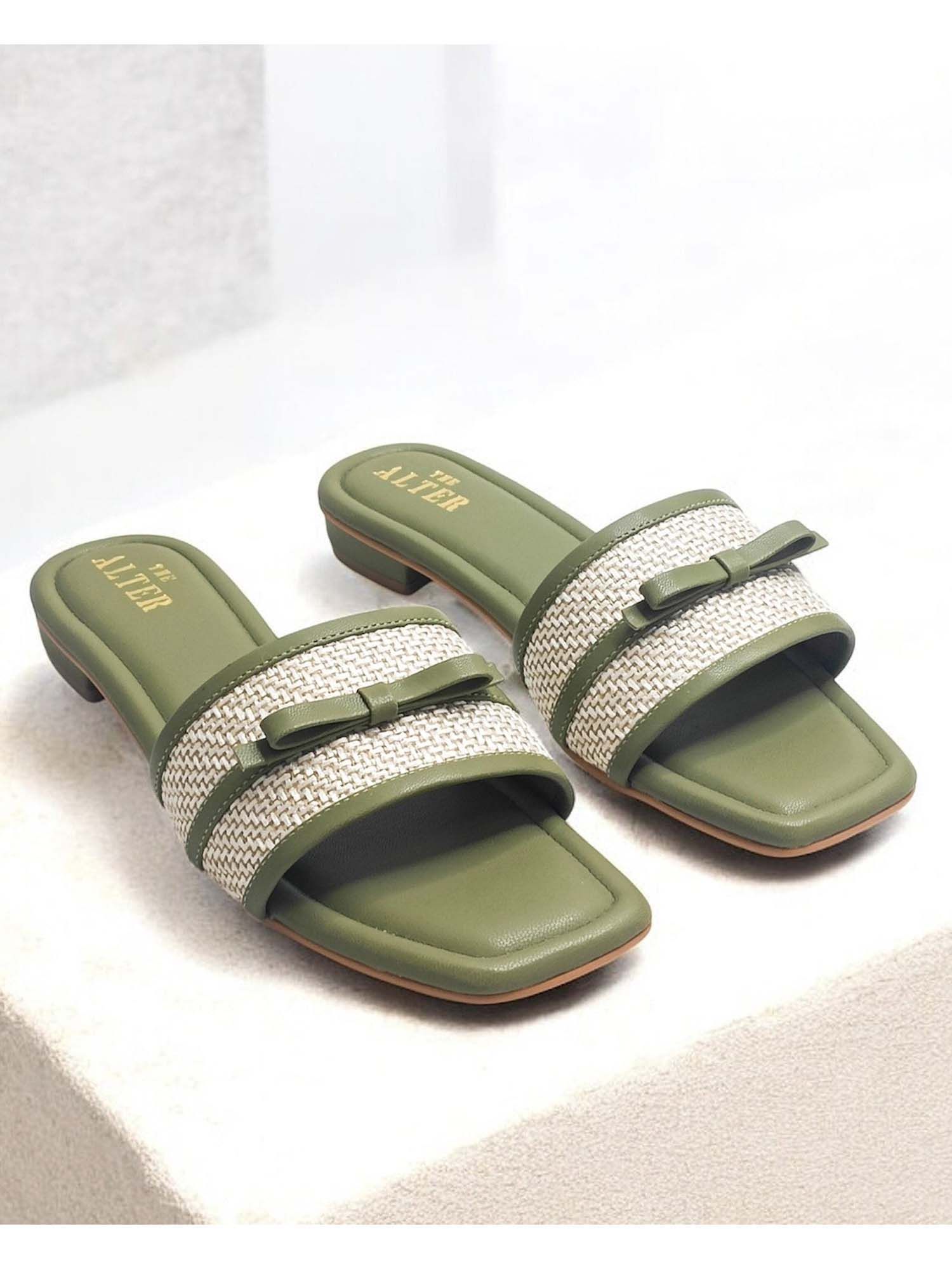 Jute Bow Green Open Toe Flats