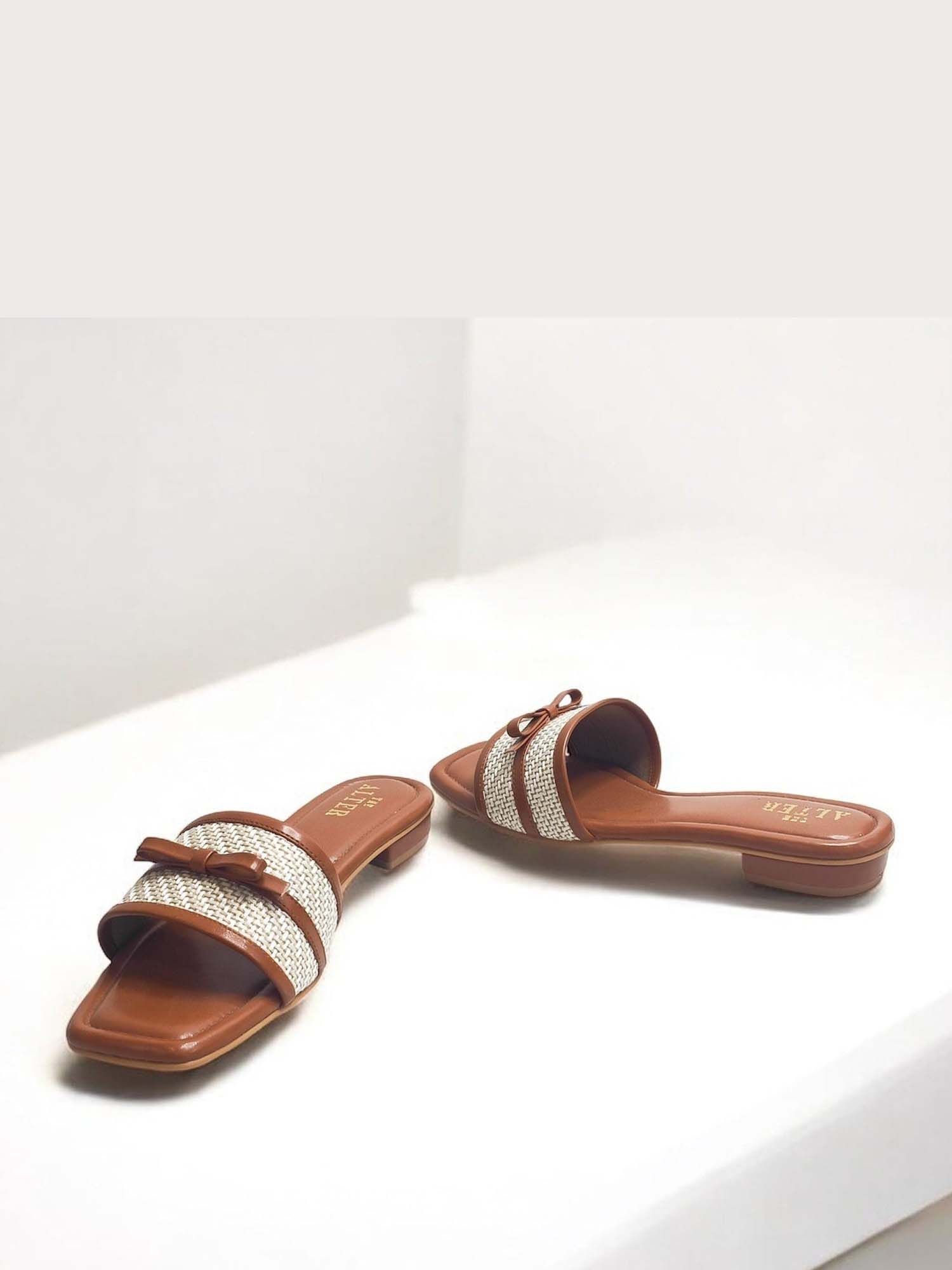 Jute Bow Tan Open Toe Flats