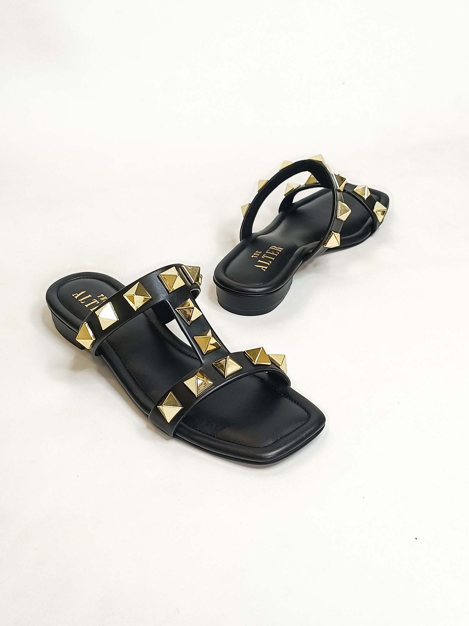 Asher Studded Black Open Toe Flats
