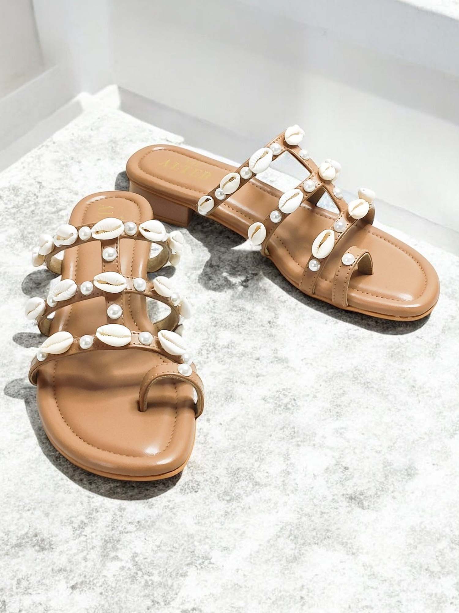 Shell Nude Embellished Open Toe Flats