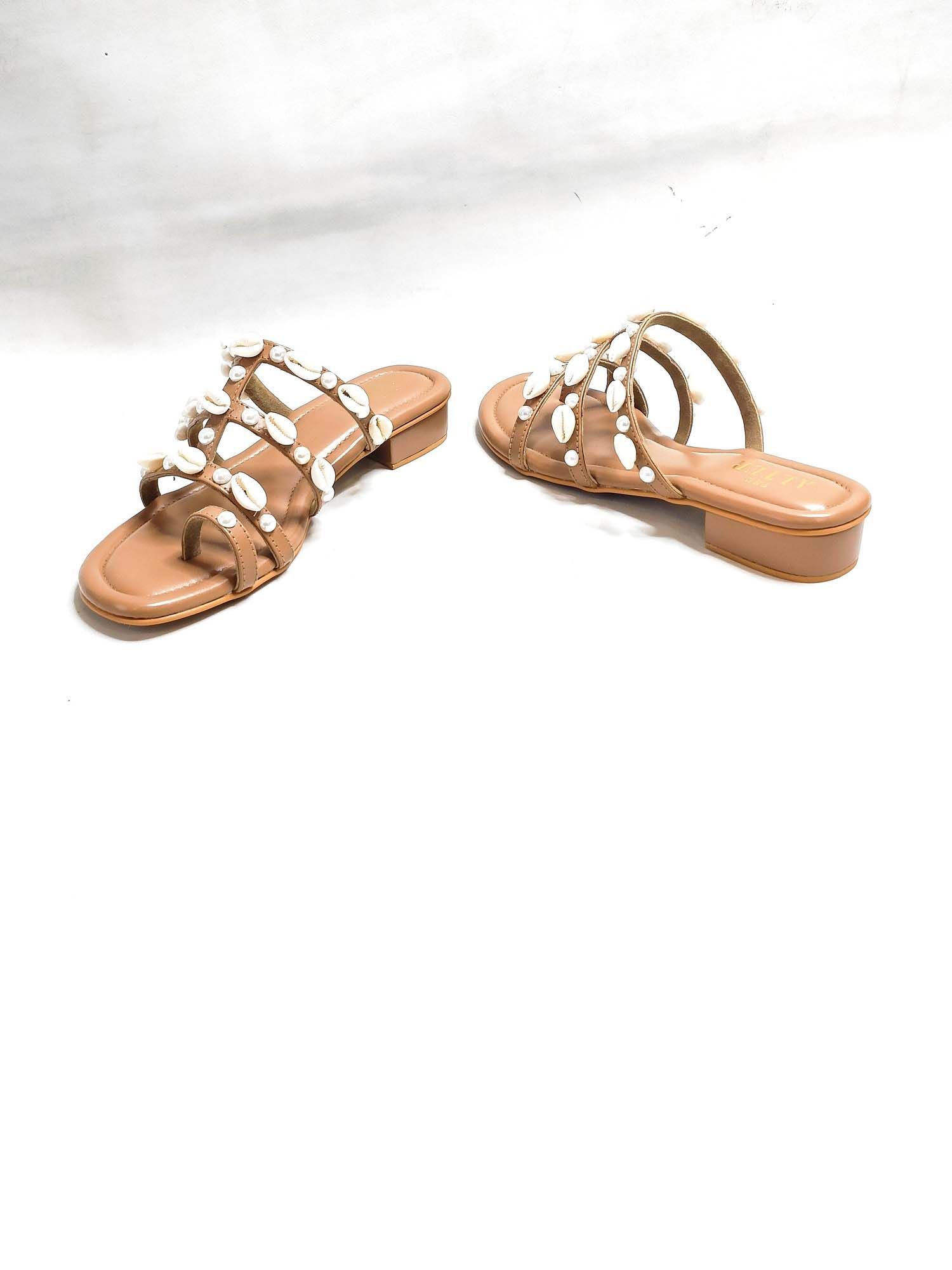 Shell Nude Embellished Open Toe Flats