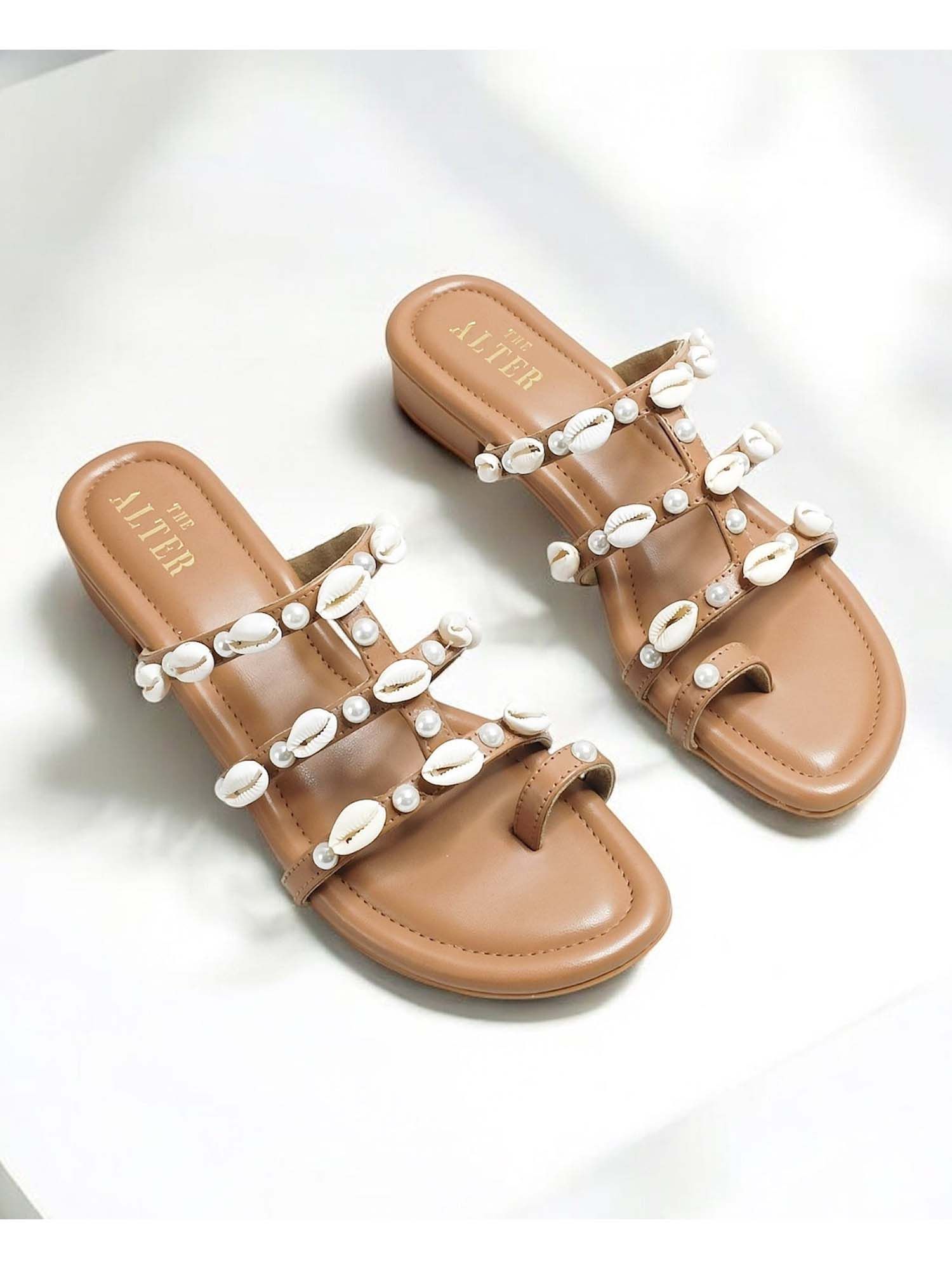 Shell Nude Embellished Open Toe Flats