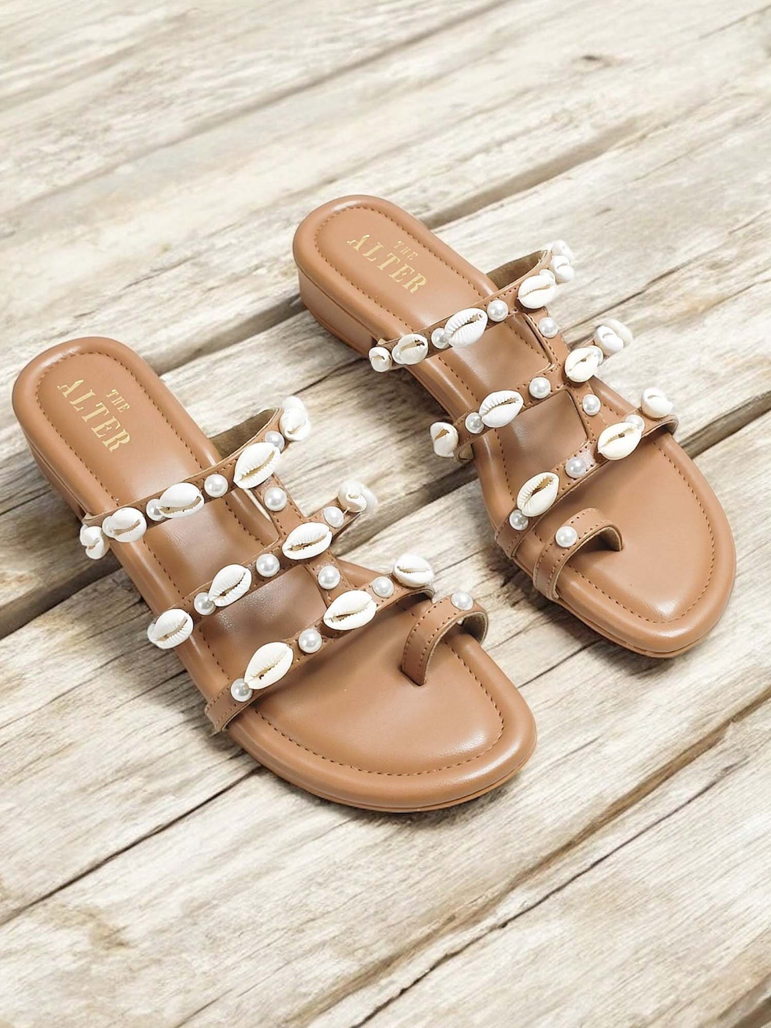 Shell Nude Embellished Open Toe Flats