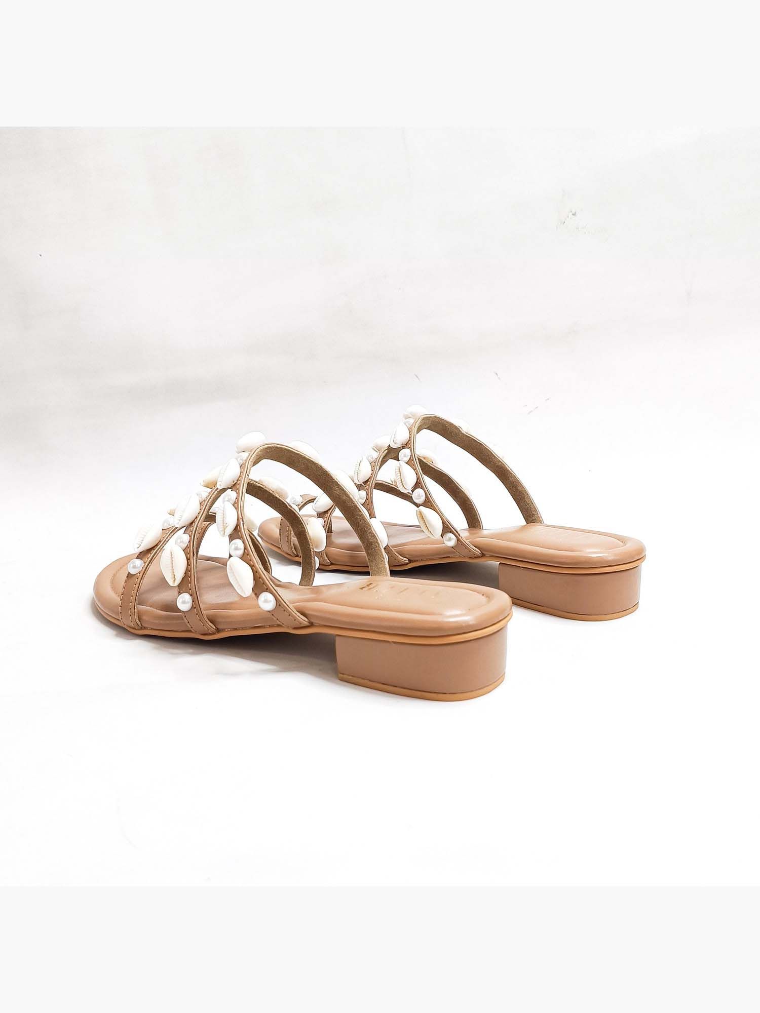 Shell Nude Embellished Open Toe Flats