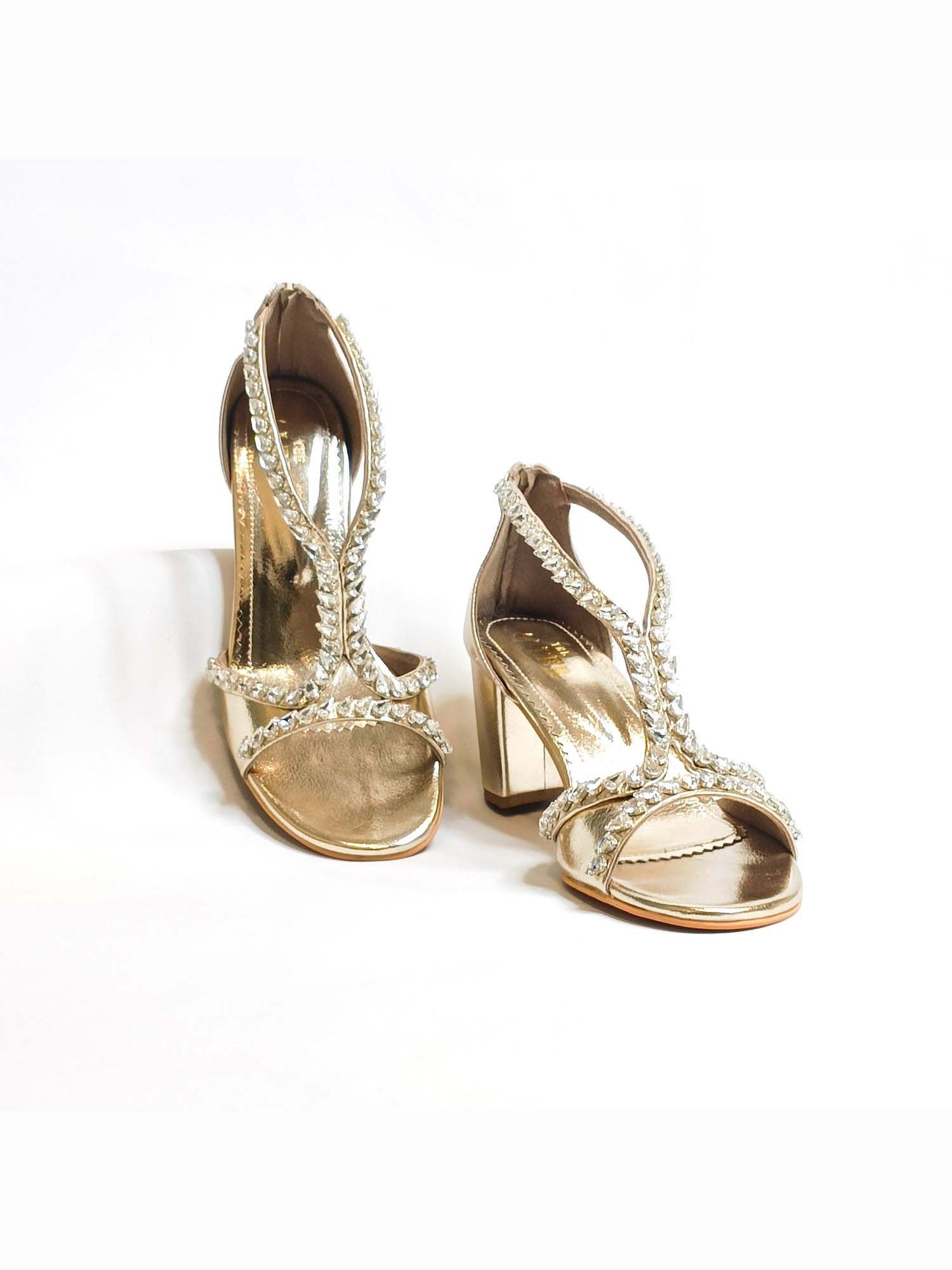 Angela Gold Embellished Block Heels