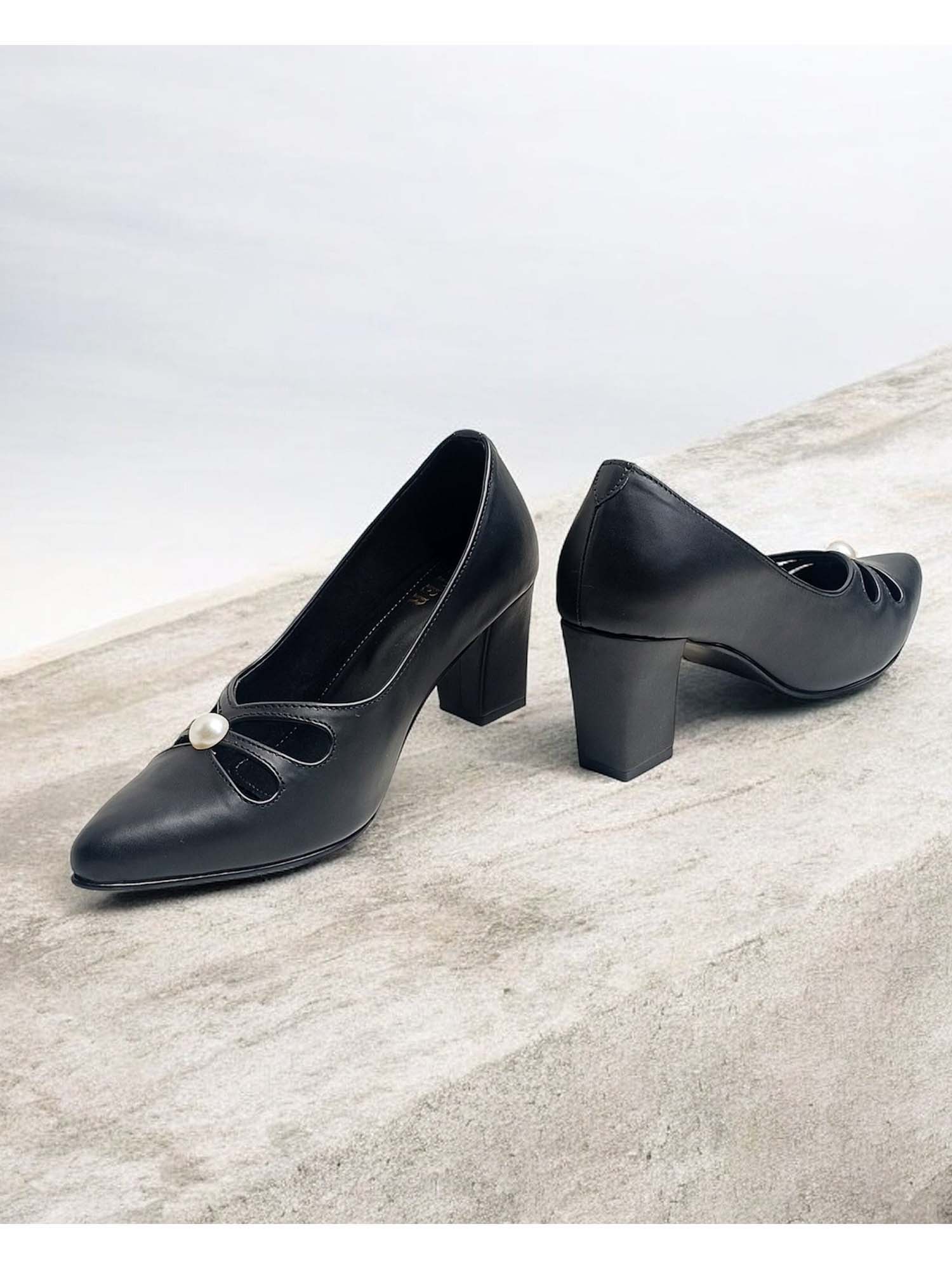 Cutwork Pearl Block Heel Pumps