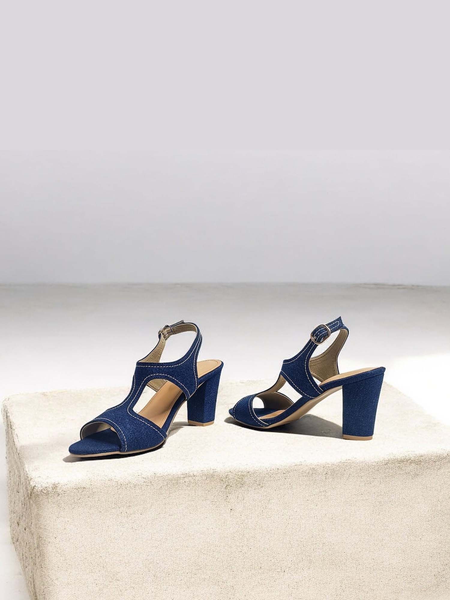 Denim Ankle Strap Block Heels