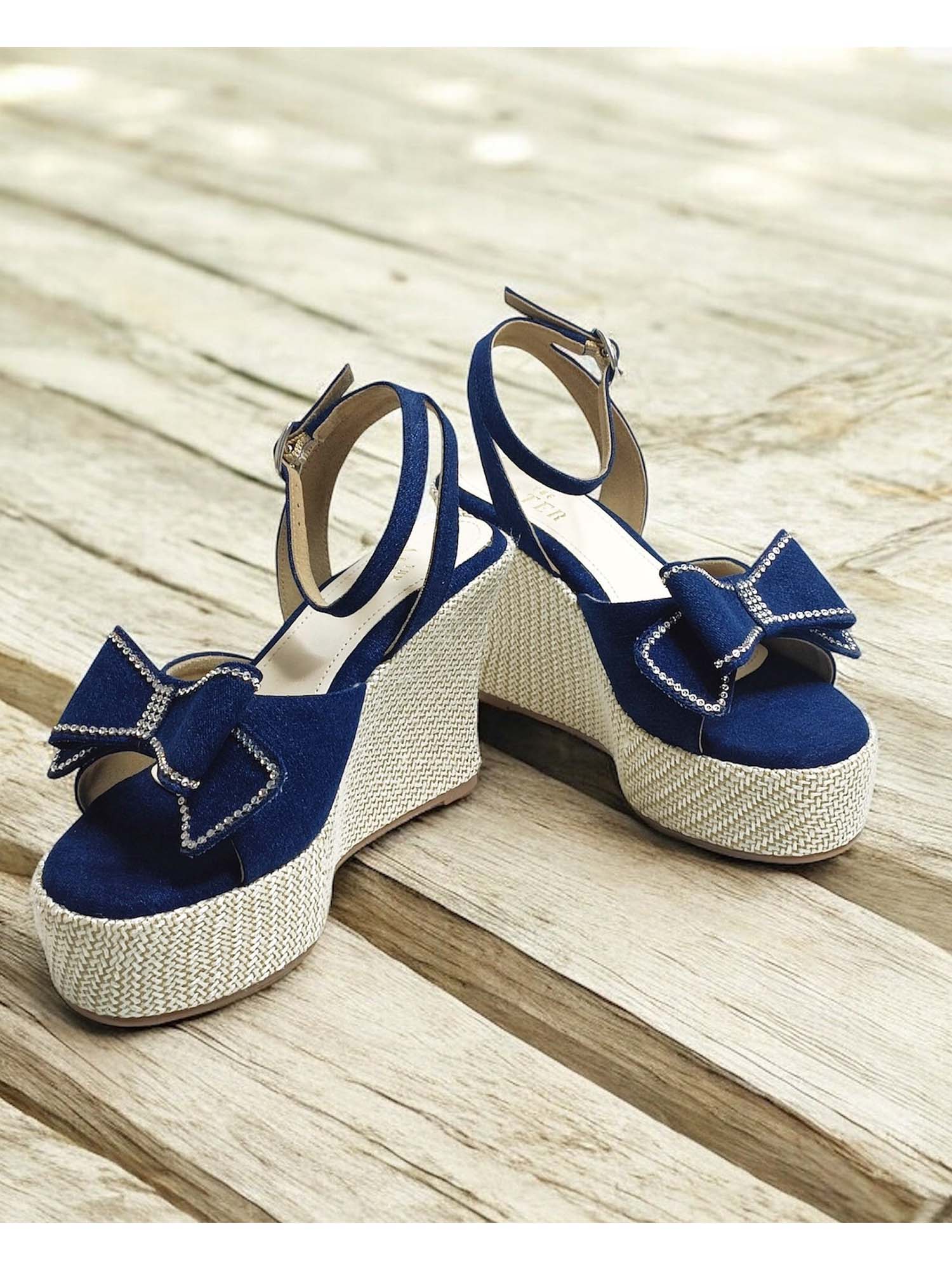 Denim Blue Bow Wedge Heels